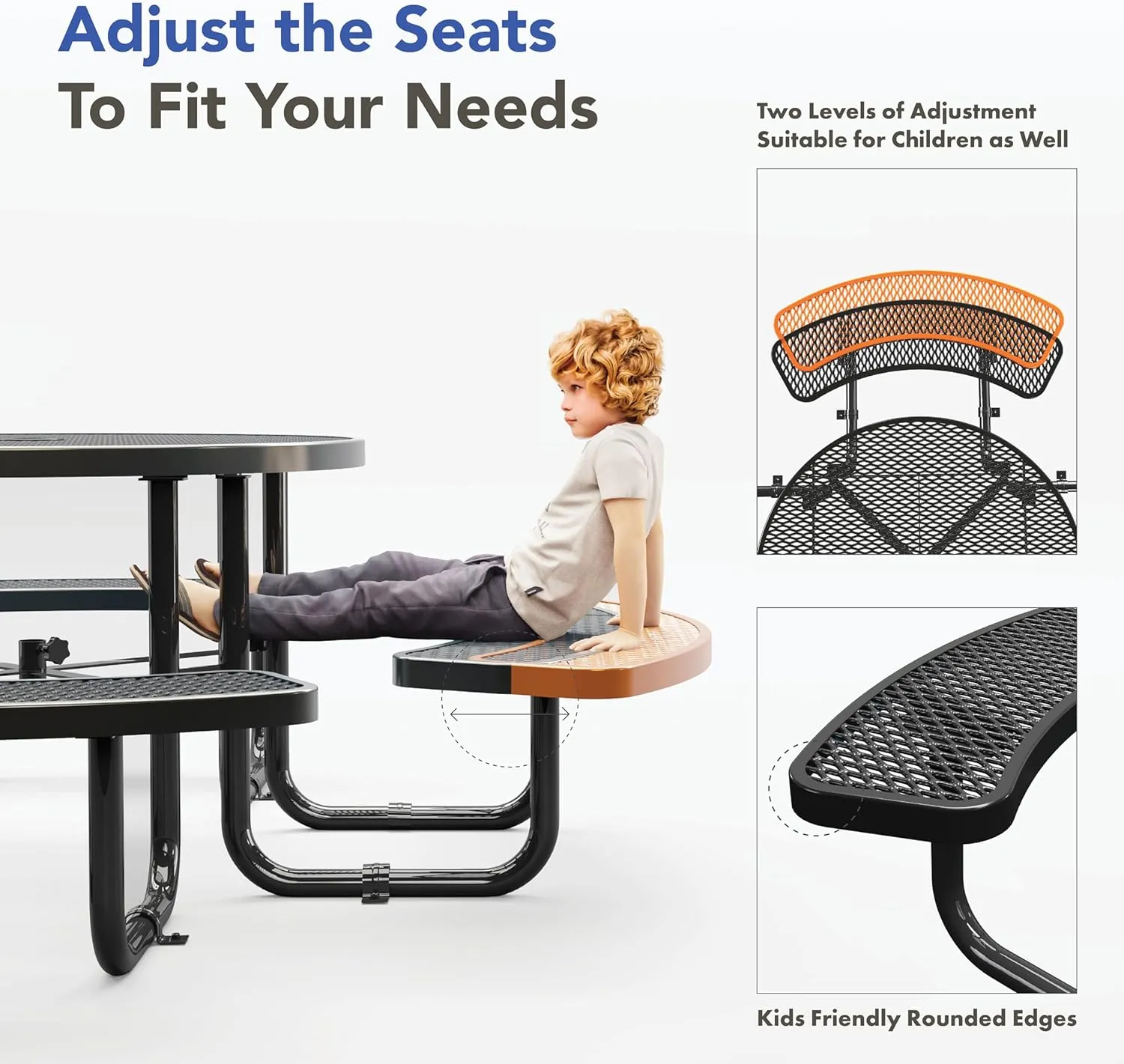 Metal Picnic Tables for Outdoors with Umbrella Hole - Coated Steel Heavy Duty Commercial Grade Table with Adjustable Seats (Black, 46 in, Round, Expanded Steel)