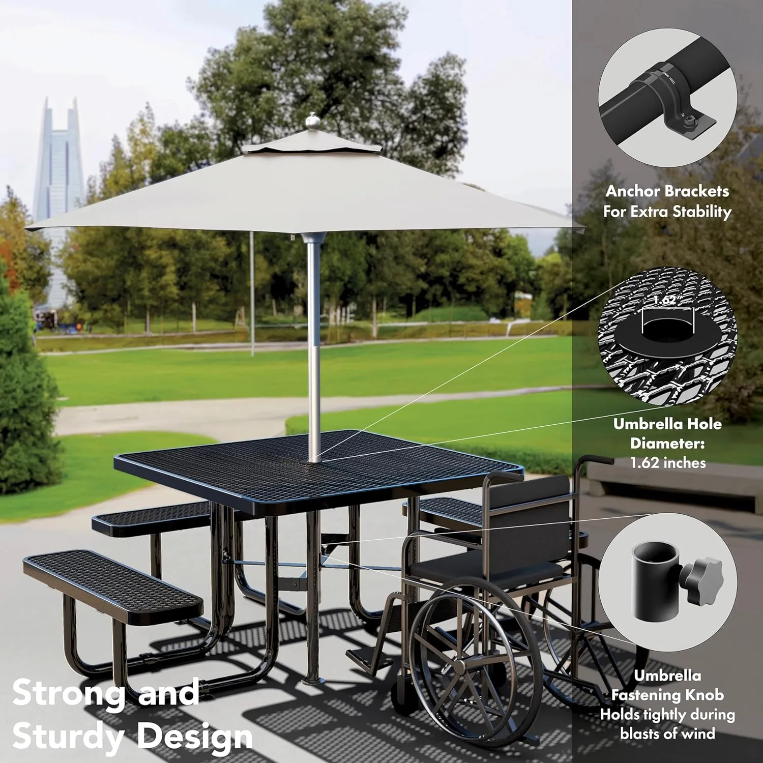 Metal Picnic Tables for Outdoors with Umbrella Hole - Coated Steel Heavy Duty Commercial Grade Table with Adjustable Seats (Black, 46 in, Square, Expanded Steel)