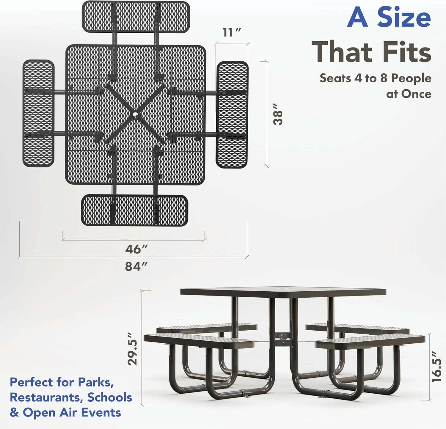 Metal Picnic Tables for Outdoors with Umbrella Hole - Coated Steel Heavy Duty Commercial Grade Table with Adjustable Seats (Black, 46 in, Square, Expanded Steel)