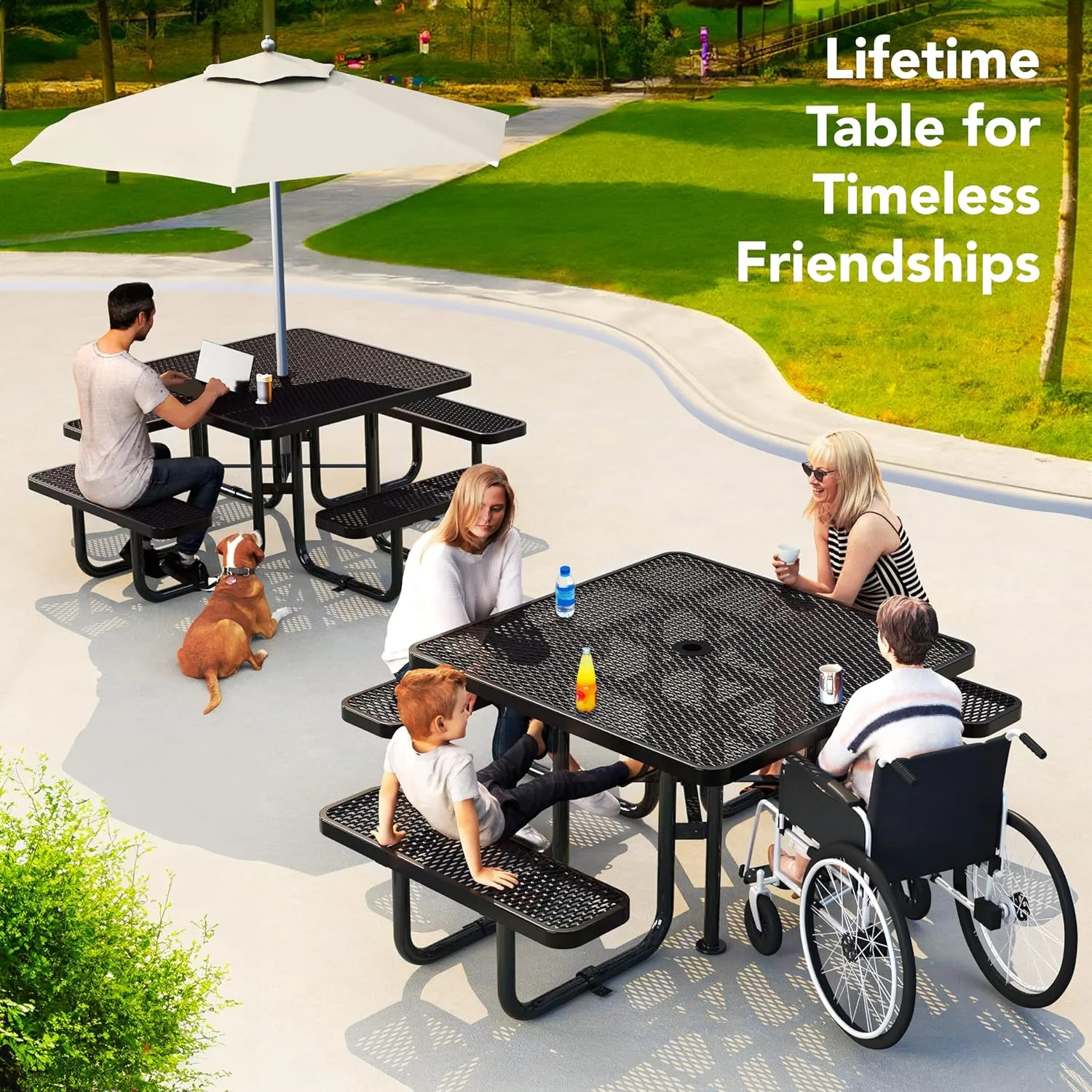 Metal Picnic Tables for Outdoors with Umbrella Hole - Coated Steel Heavy Duty Commercial Grade Table with Adjustable Seats (Black, 46 in, Square, Expanded Steel)