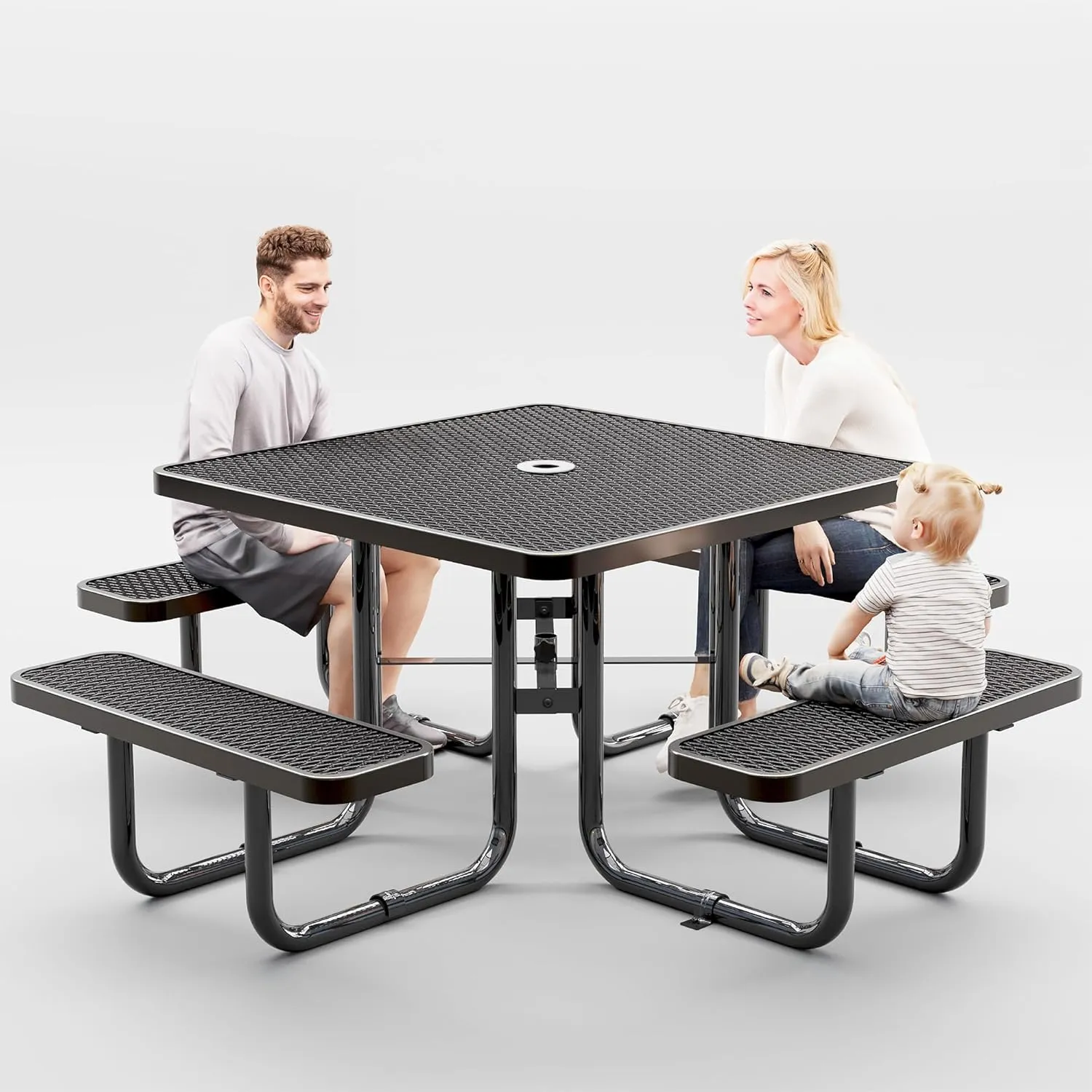Metal Picnic Tables for Outdoors with Umbrella Hole - Coated Steel Heavy Duty Commercial Grade Table with Adjustable Seats (Black, 46 in, Square, Expanded Steel)