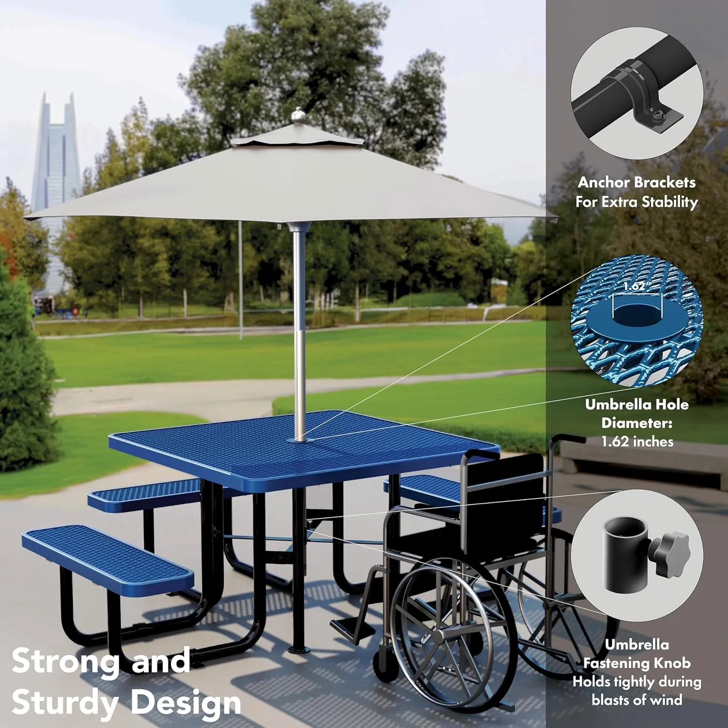 Metal Picnic Tables for Outdoors with Umbrella Hole - Coated Steel Heavy Duty Commercial Grade Table with Adjustable Seats (Blue, 46 in, Square, Expanded Steel)