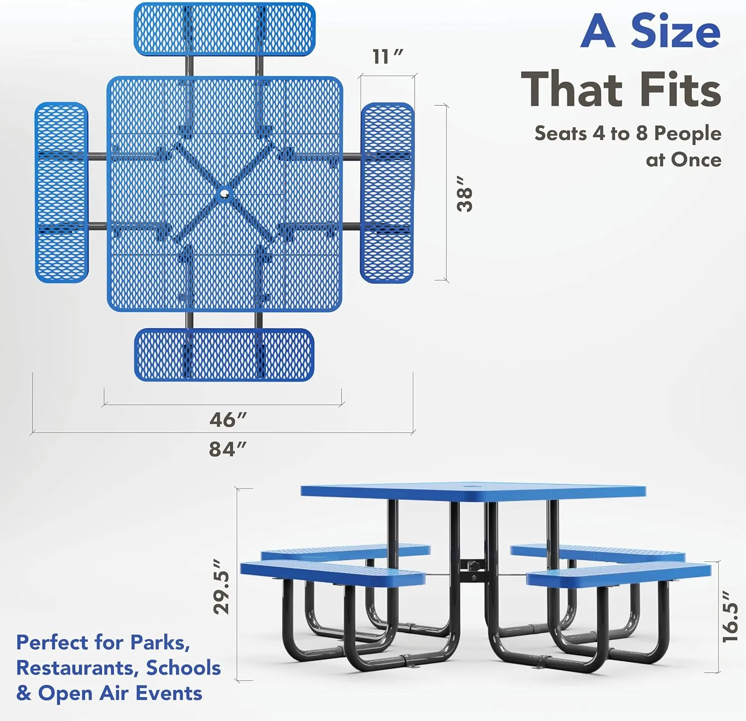 Metal Picnic Tables for Outdoors with Umbrella Hole - Coated Steel Heavy Duty Commercial Grade Table with Adjustable Seats (Blue, 46 in, Square, Expanded Steel)