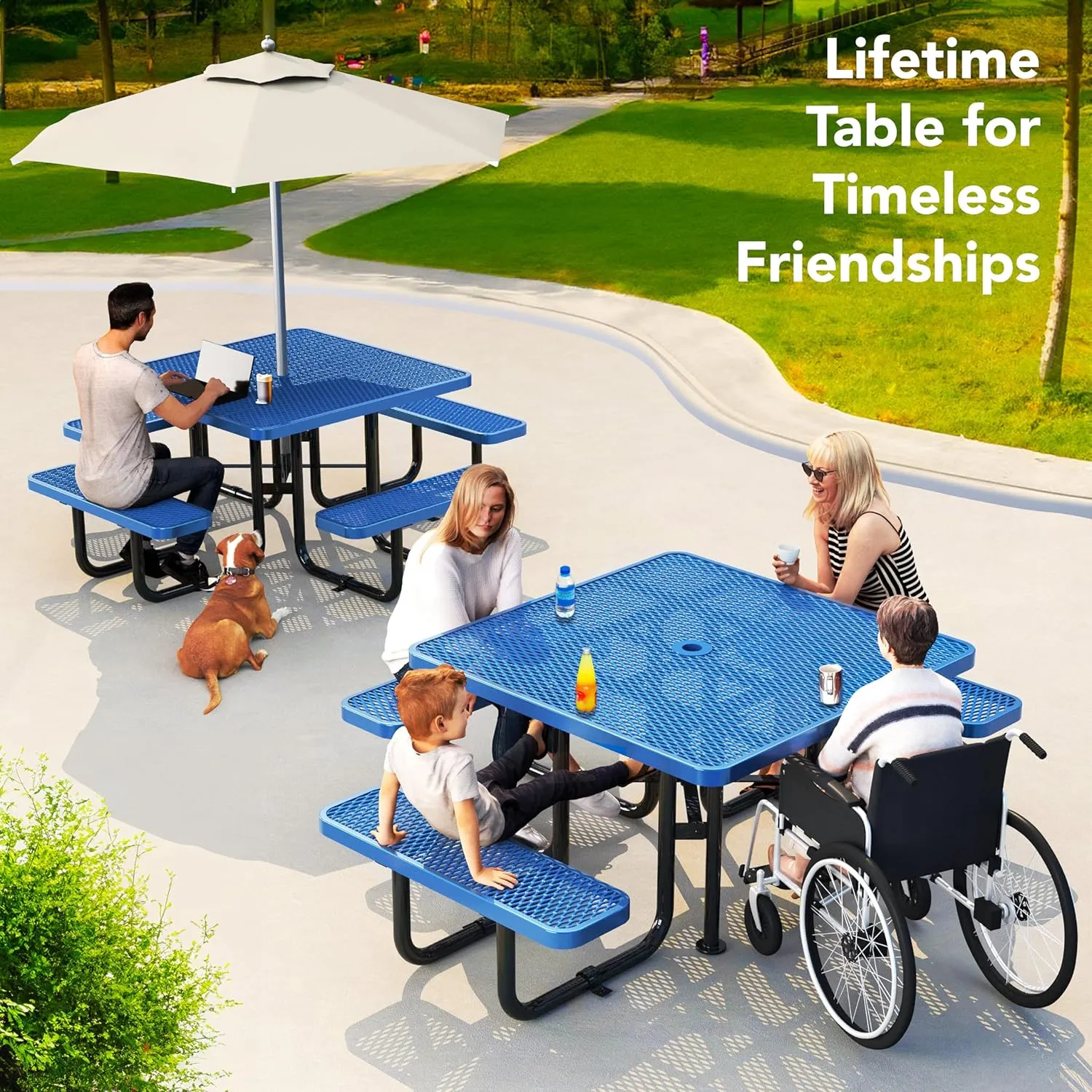 Metal Picnic Tables for Outdoors with Umbrella Hole - Coated Steel Heavy Duty Commercial Grade Table with Adjustable Seats (Blue, 46 in, Square, Expanded Steel)