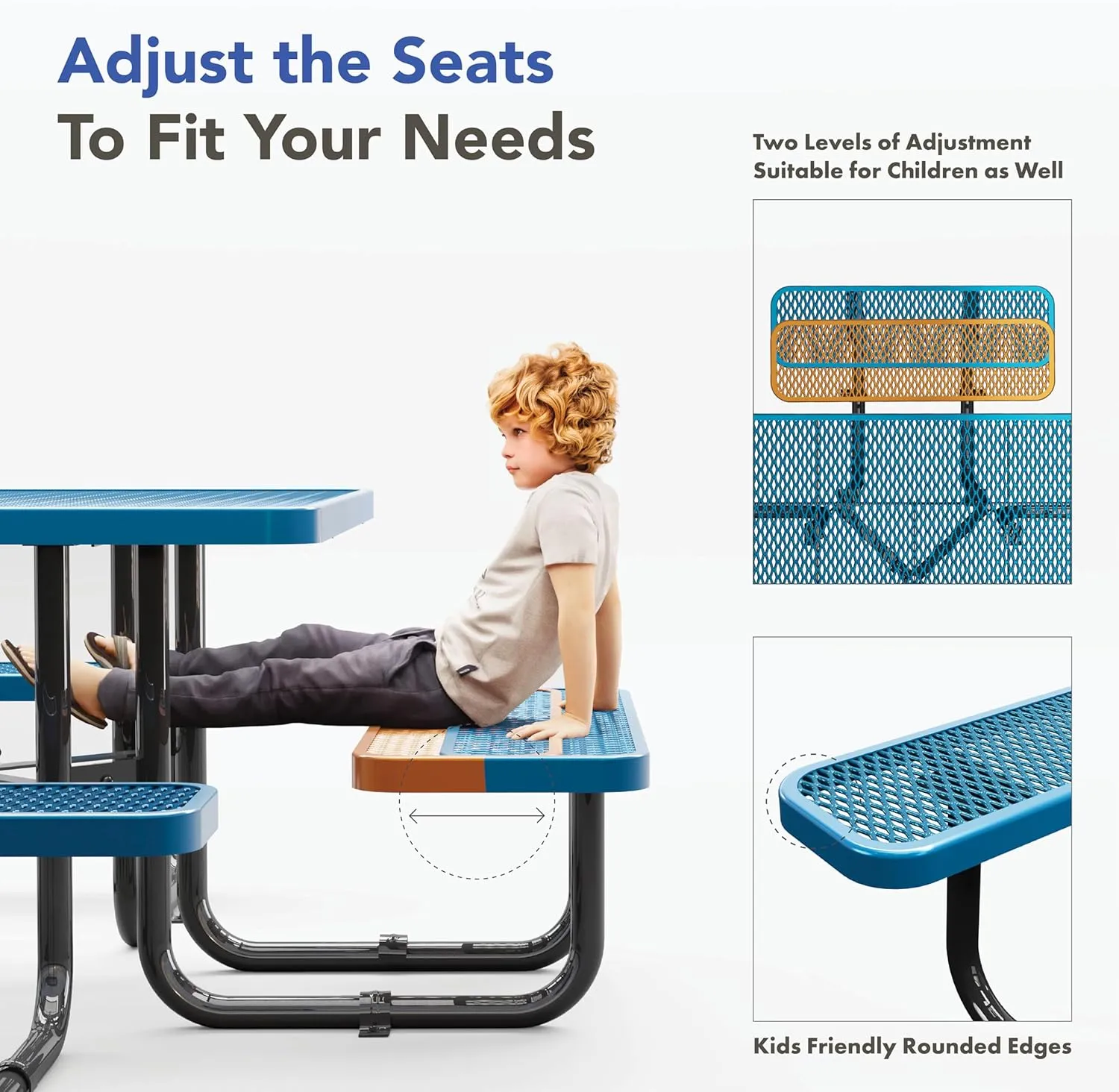 Metal Picnic Tables for Outdoors with Umbrella Hole - Coated Steel Heavy Duty Commercial Grade Table with Adjustable Seats (Blue, 46 in, Square, Expanded Steel)