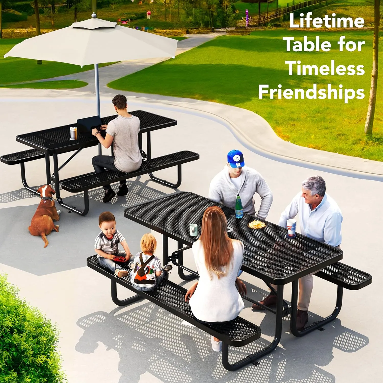 Metal Picnic Tables for Outdoors with Umbrella Hole - Coated Steel Heavy Duty Commercial Grade Table with Adjustable Seats, Patio Furniture Set for a Lifetime (6' Rectangular, Black)