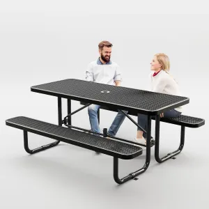 Metal Picnic Tables for Outdoors with Umbrella Hole - Coated Steel Heavy Duty Commercial Grade Table with Adjustable Seats, Patio Furniture Set for a Lifetime (6' Rectangular, Black)
