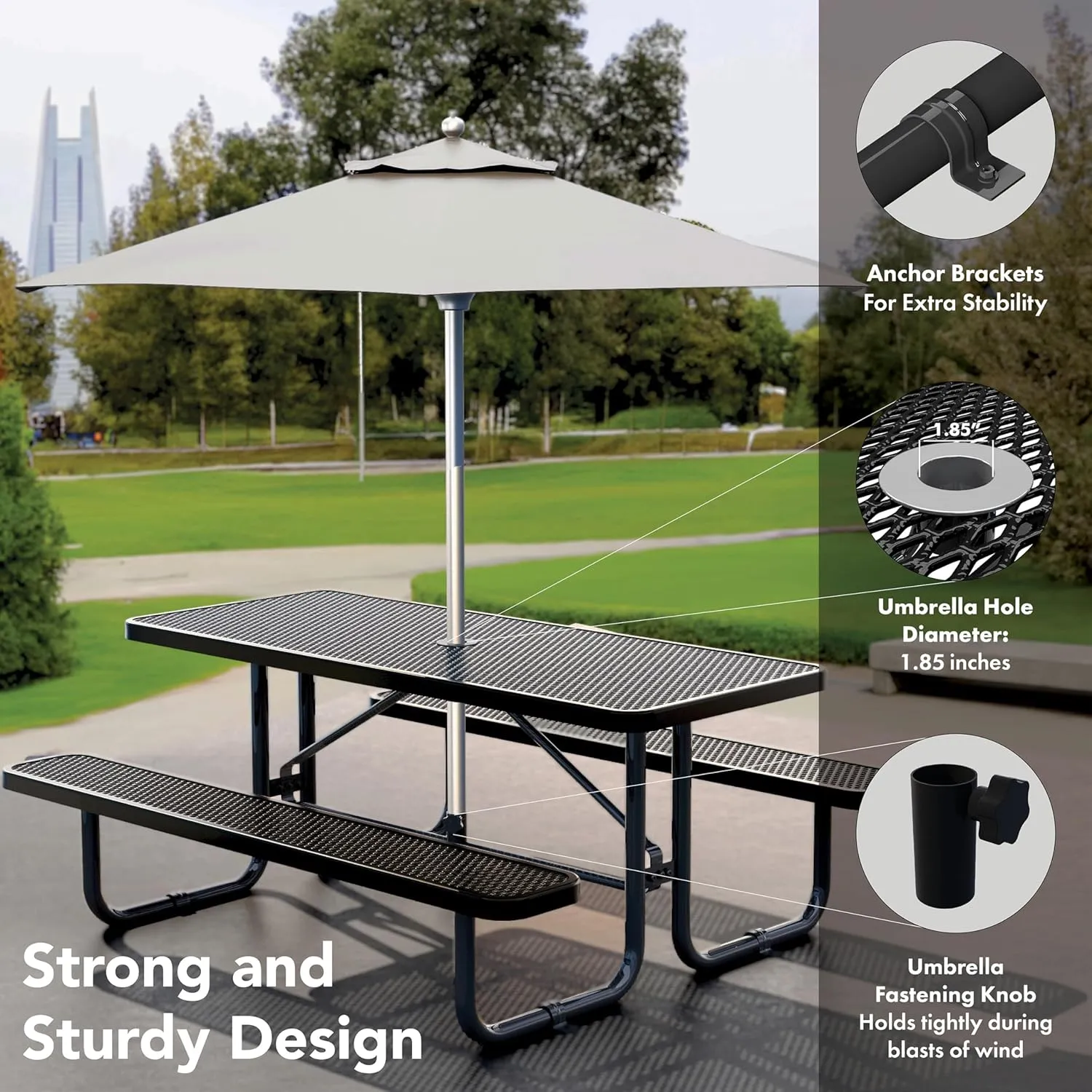 Metal Picnic Tables for Outdoors with Umbrella Hole - Coated Steel Heavy Duty Commercial Grade Table with Adjustable Seats, Patio Furniture Set for a Lifetime (6' Rectangular, Black)