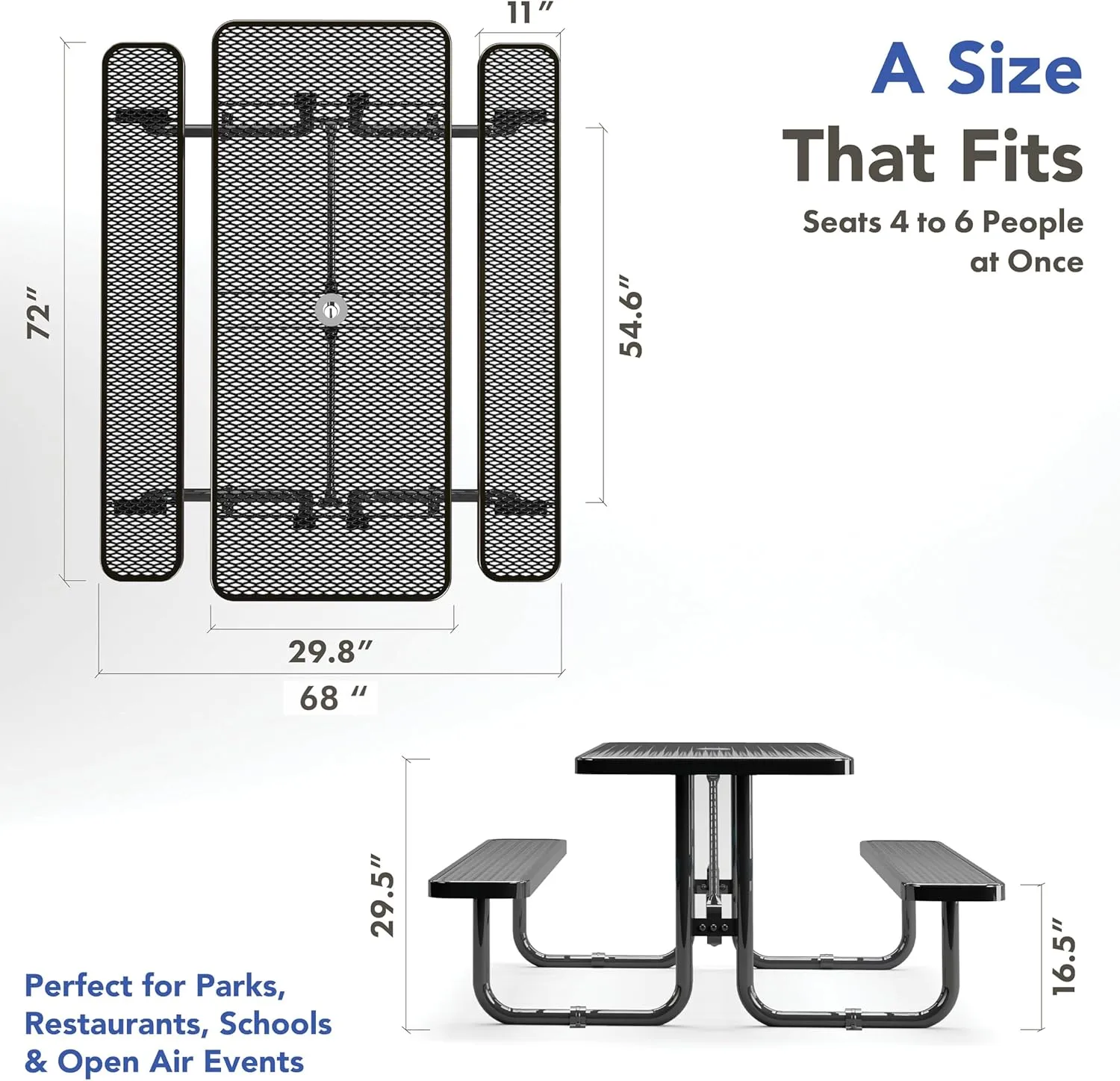 Metal Picnic Tables for Outdoors with Umbrella Hole - Coated Steel Heavy Duty Commercial Grade Table with Adjustable Seats, Patio Furniture Set for a Lifetime (6' Rectangular, Black)