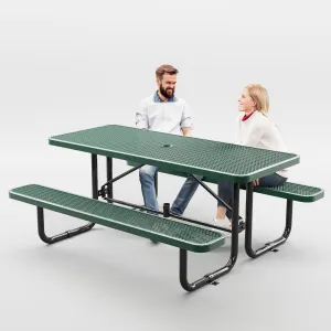 Metal Picnic Tables for Outdoors with Umbrella Hole - Coated Steel Heavy Duty Commercial Grade Table with Adjustable Seats, Patio Furniture Set for a Lifetime (6' Rectangular, Dark Green)