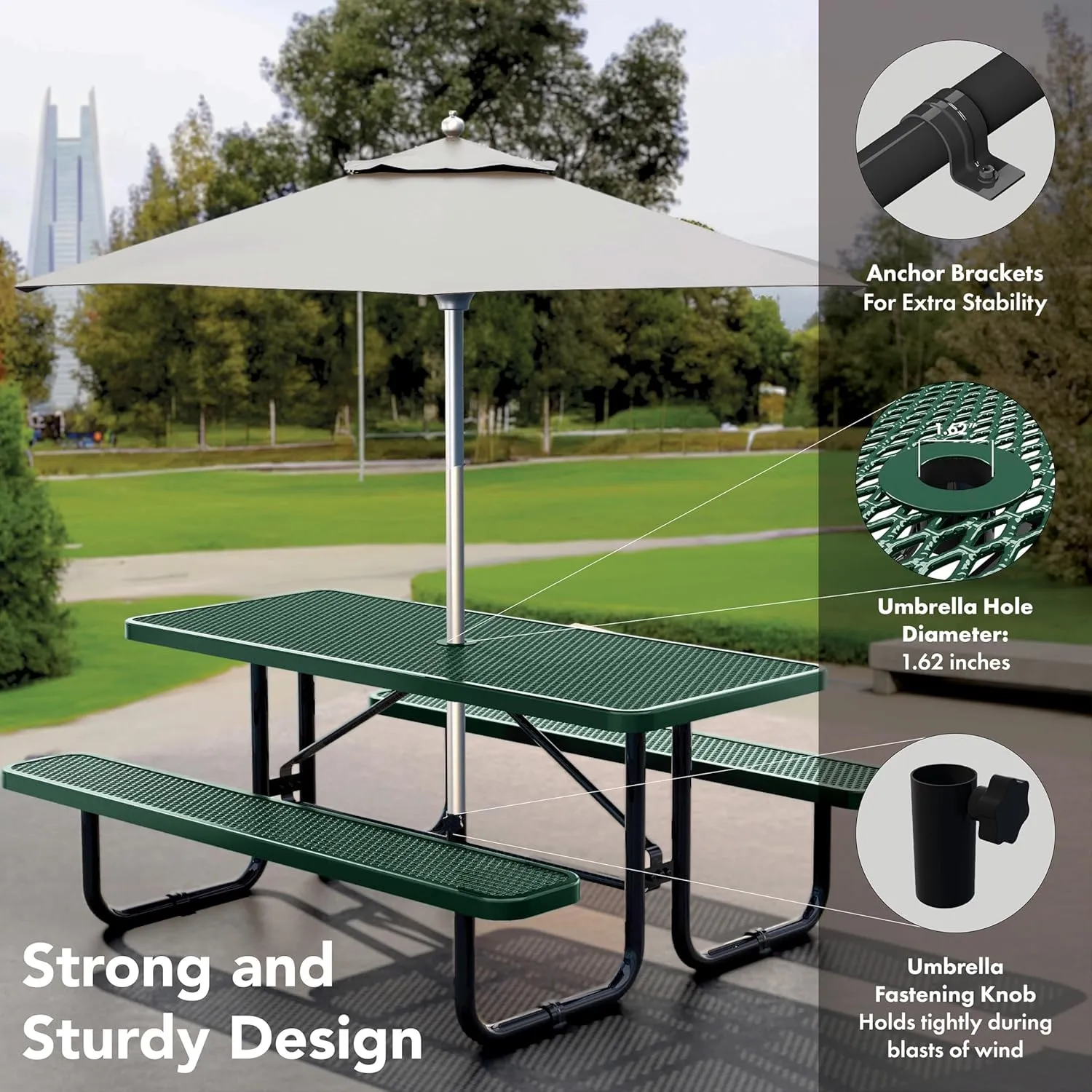 Metal Picnic Tables for Outdoors with Umbrella Hole - Coated Steel Heavy Duty Commercial Grade Table with Adjustable Seats, Patio Furniture Set for a Lifetime (6' Rectangular, Dark Green)