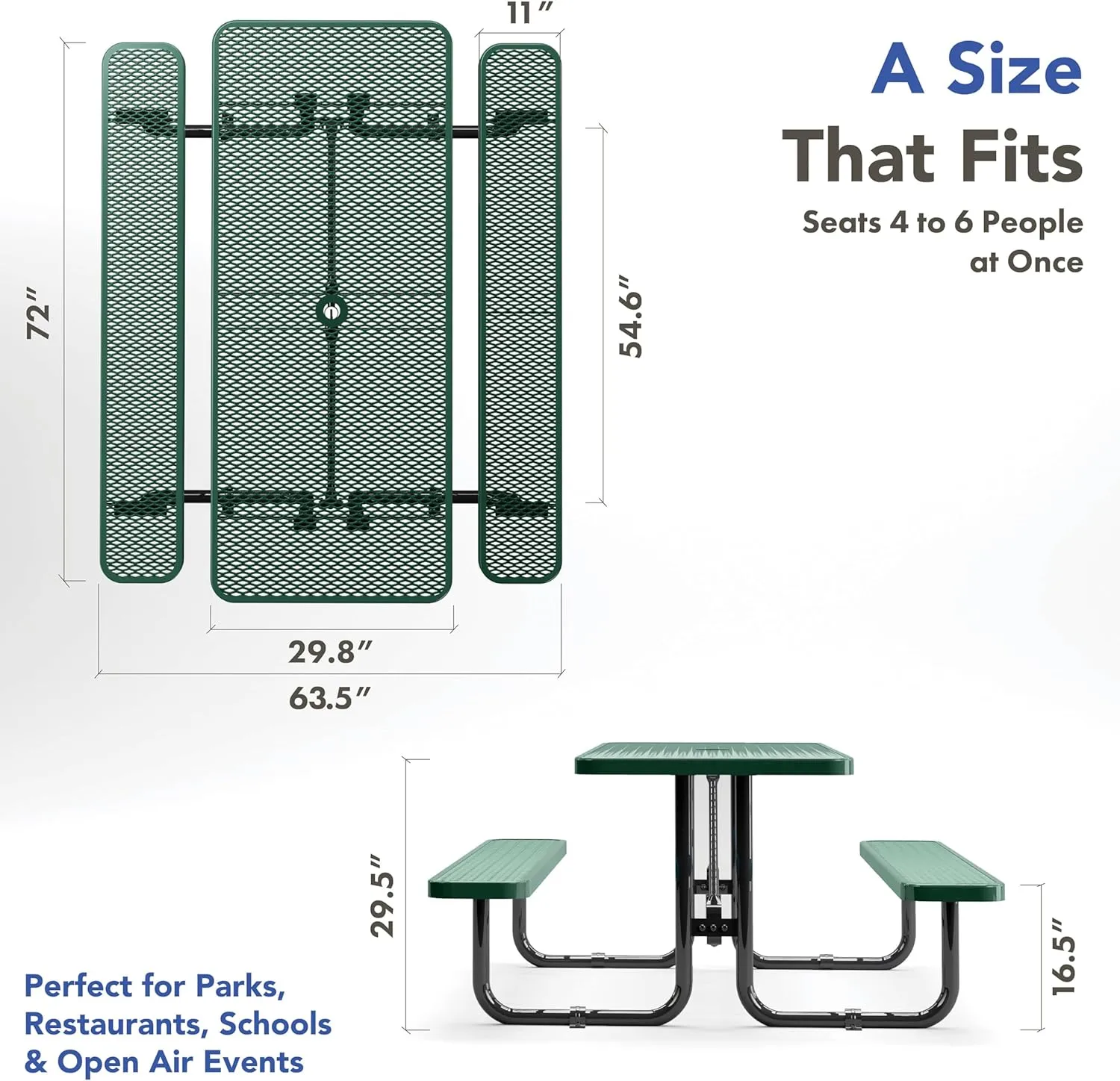Metal Picnic Tables for Outdoors with Umbrella Hole - Coated Steel Heavy Duty Commercial Grade Table with Adjustable Seats, Patio Furniture Set for a Lifetime (6' Rectangular, Dark Green)