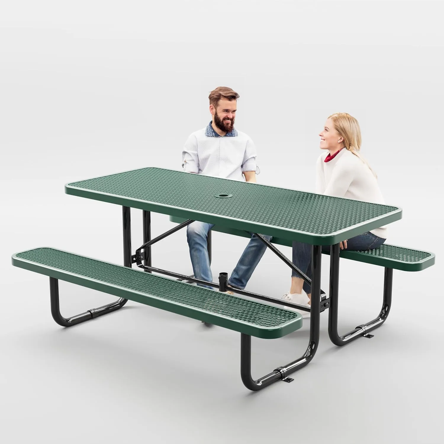 Metal Picnic Tables for Outdoors with Umbrella Hole - Coated Steel Heavy Duty Commercial Grade Table with Adjustable Seats, Patio Furniture Set for a Lifetime (6' Rectangular, Dark Green)