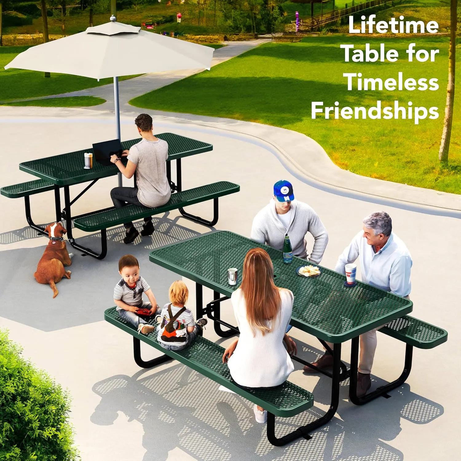 Metal Picnic Tables for Outdoors with Umbrella Hole - Coated Steel Heavy Duty Commercial Grade Table with Adjustable Seats, Patio Furniture Set for a Lifetime (6' Rectangular, Dark Green)