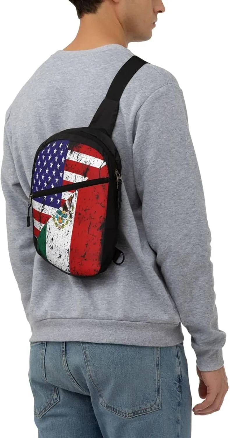 Mexican American Flag Portable Crossbody Bag Foldable Sling Bags Sports Gym Chest Daypack Reusable Shoulder Backpack Casual Diagonally Rucksack Fanny Packs
