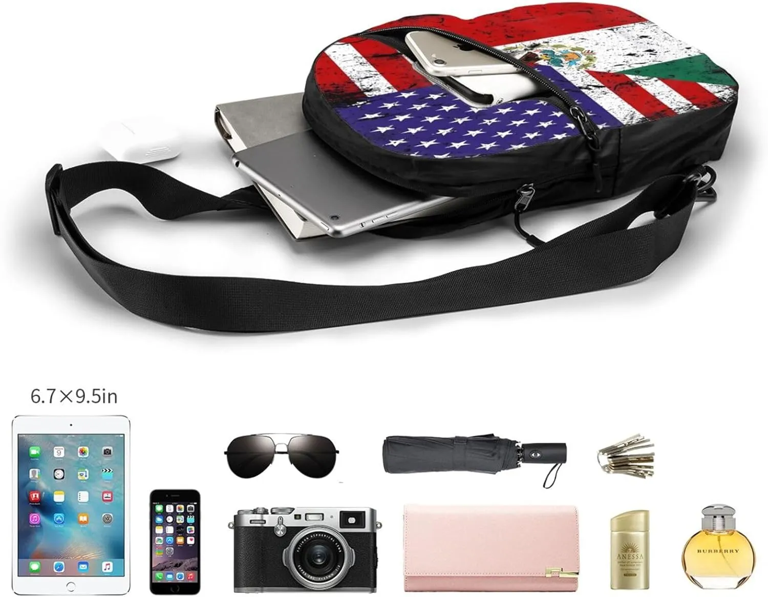 Mexican American Flag Portable Crossbody Bag Foldable Sling Bags Sports Gym Chest Daypack Reusable Shoulder Backpack Casual Diagonally Rucksack Fanny Packs