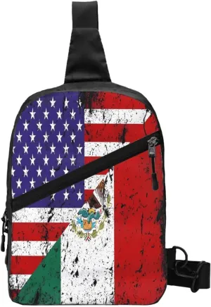 Mexican American Flag Portable Crossbody Bag Foldable Sling Bags Sports Gym Chest Daypack Reusable Shoulder Backpack Casual Diagonally Rucksack Fanny Packs