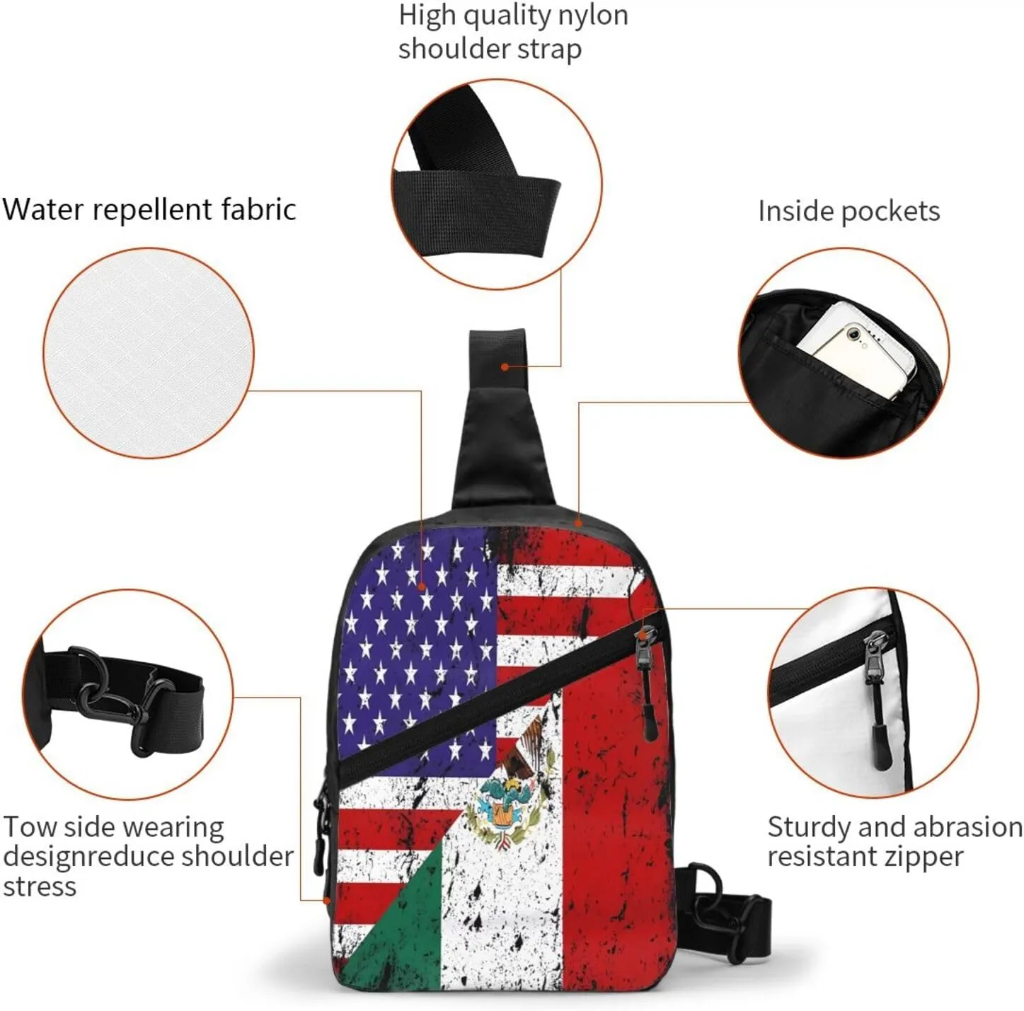 Mexican American Flag Portable Crossbody Bag Foldable Sling Bags Sports Gym Chest Daypack Reusable Shoulder Backpack Casual Diagonally Rucksack Fanny Packs