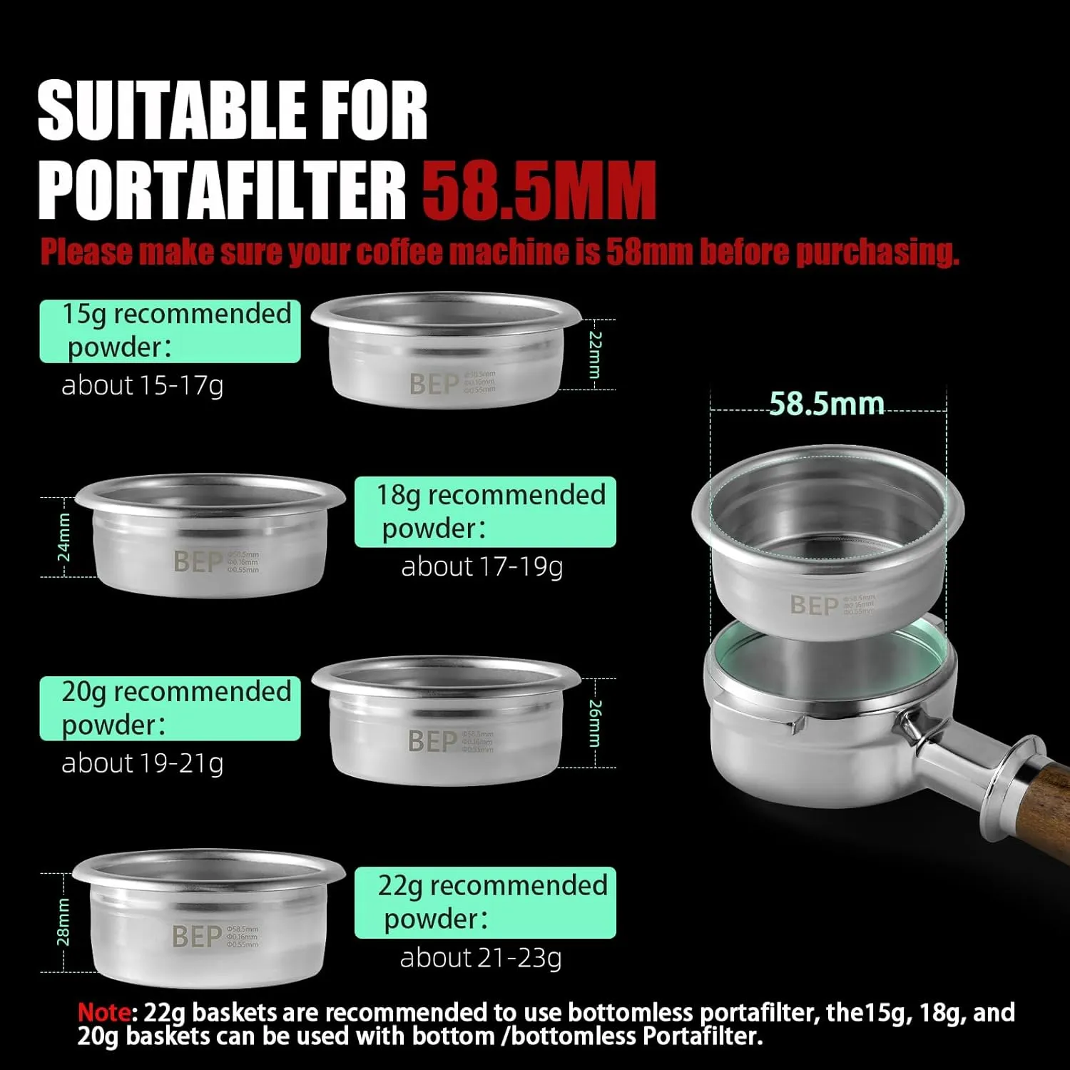 MHW-3BOMBER 58mm Espresso Filter Basket, 18g Double-layer Stainless Steel High Precision Extraction Portafilter Basket Filter Fits Most 58mm Portafilter/Tamper, Ridged, FB5628