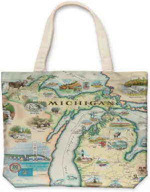 Michigan State Map Canvas Tote Bag with Handles, Cloth Grocery Shopping Bag, Reusable & Eco-friendly Bag, 100% Cotton, Washable, 18 wide x 15 tall