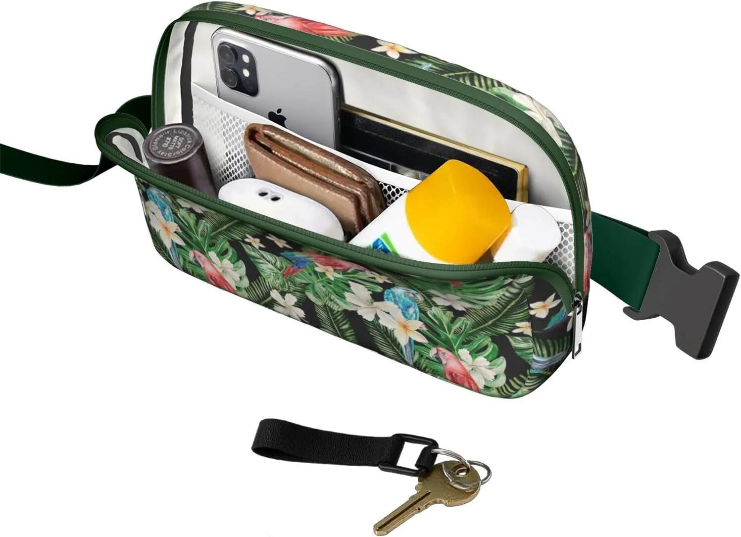 Mini Belt Bag for Men Women Tropical Leaf Floral Waist Packs Crossbody Bags Adjustable Strap for Hiking Cycling Sports