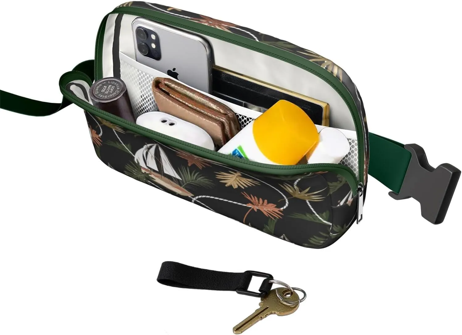 Mini Belt Bag for Men Women Tropical Leaf Floral Waist Packs Crossbody Bags Adjustable Strap for Hiking Cycling Sports