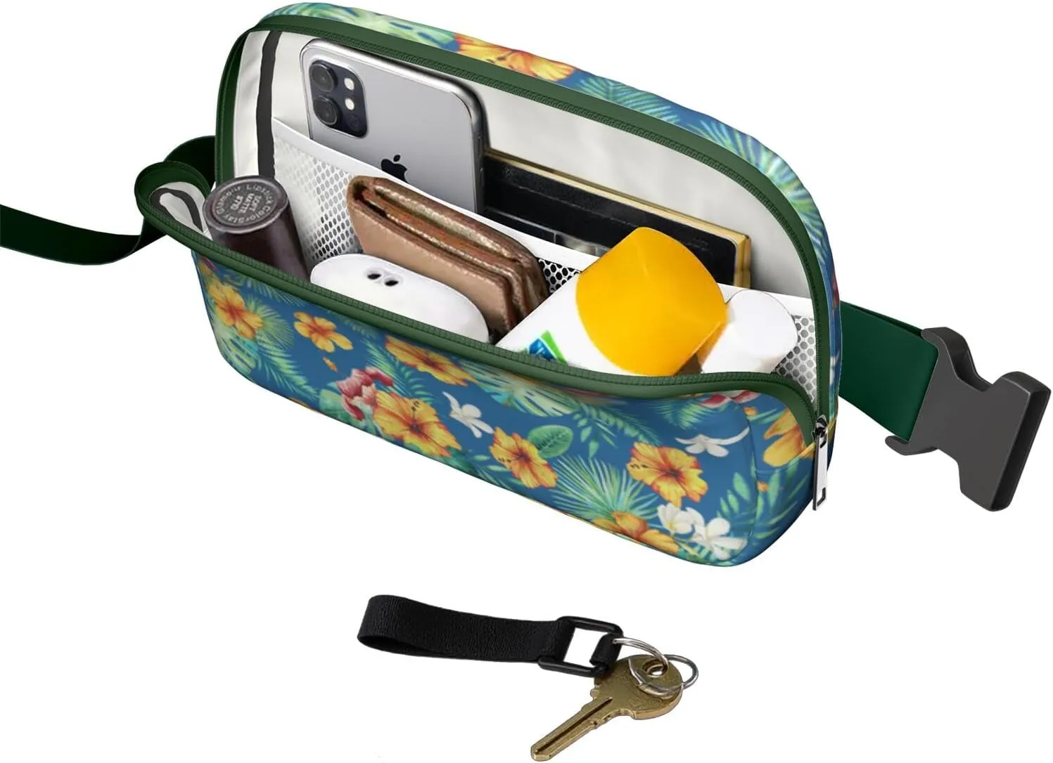 Mini Belt Bag for Men Women Tropical Leaf Floral Waist Packs Crossbody Bags Adjustable Strap for Hiking Cycling Sports