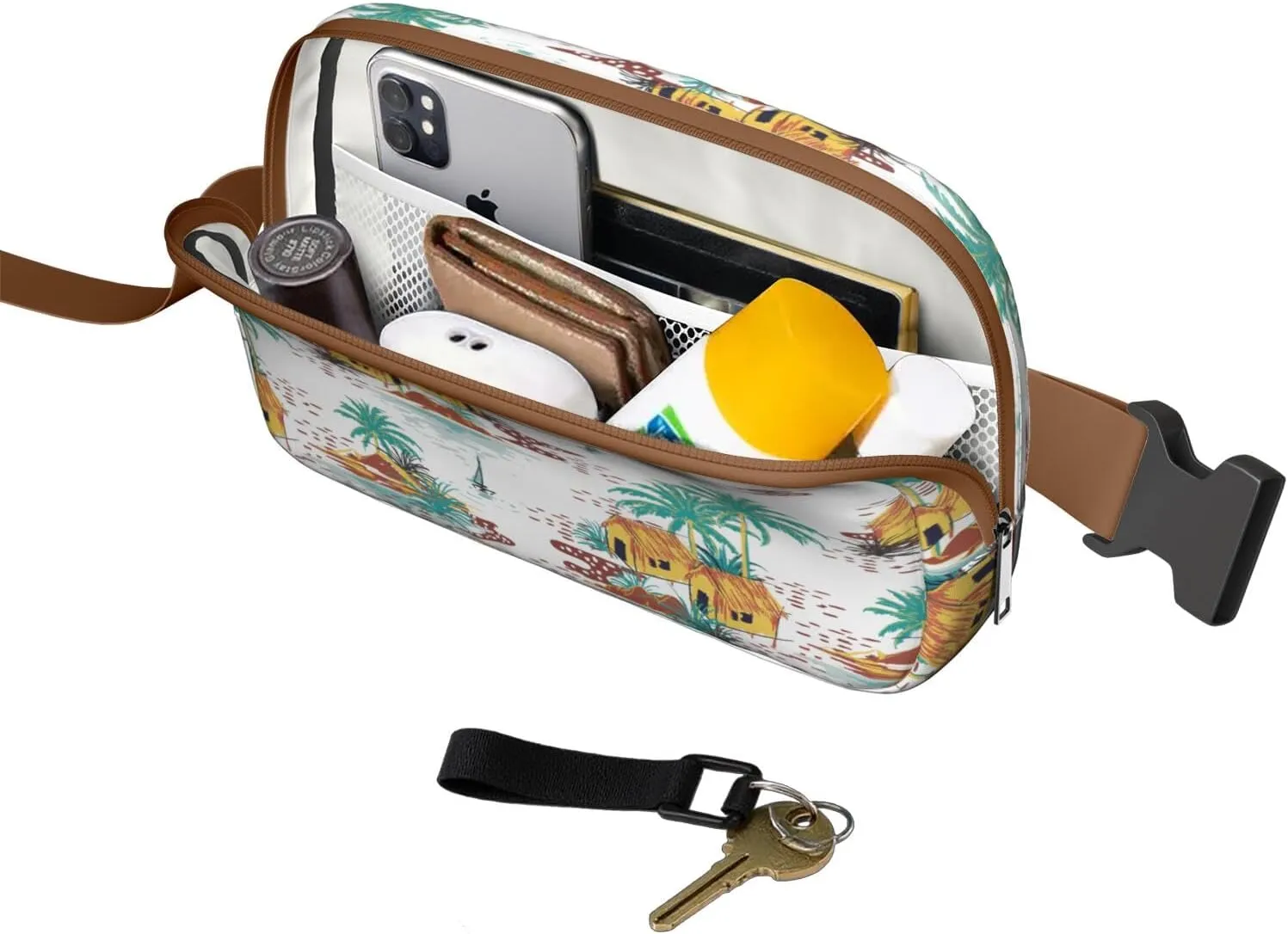 Mini Belt Bag for Men Women Tropical Leaf Floral Waist Packs Crossbody Bags Adjustable Strap for Hiking Cycling Sports