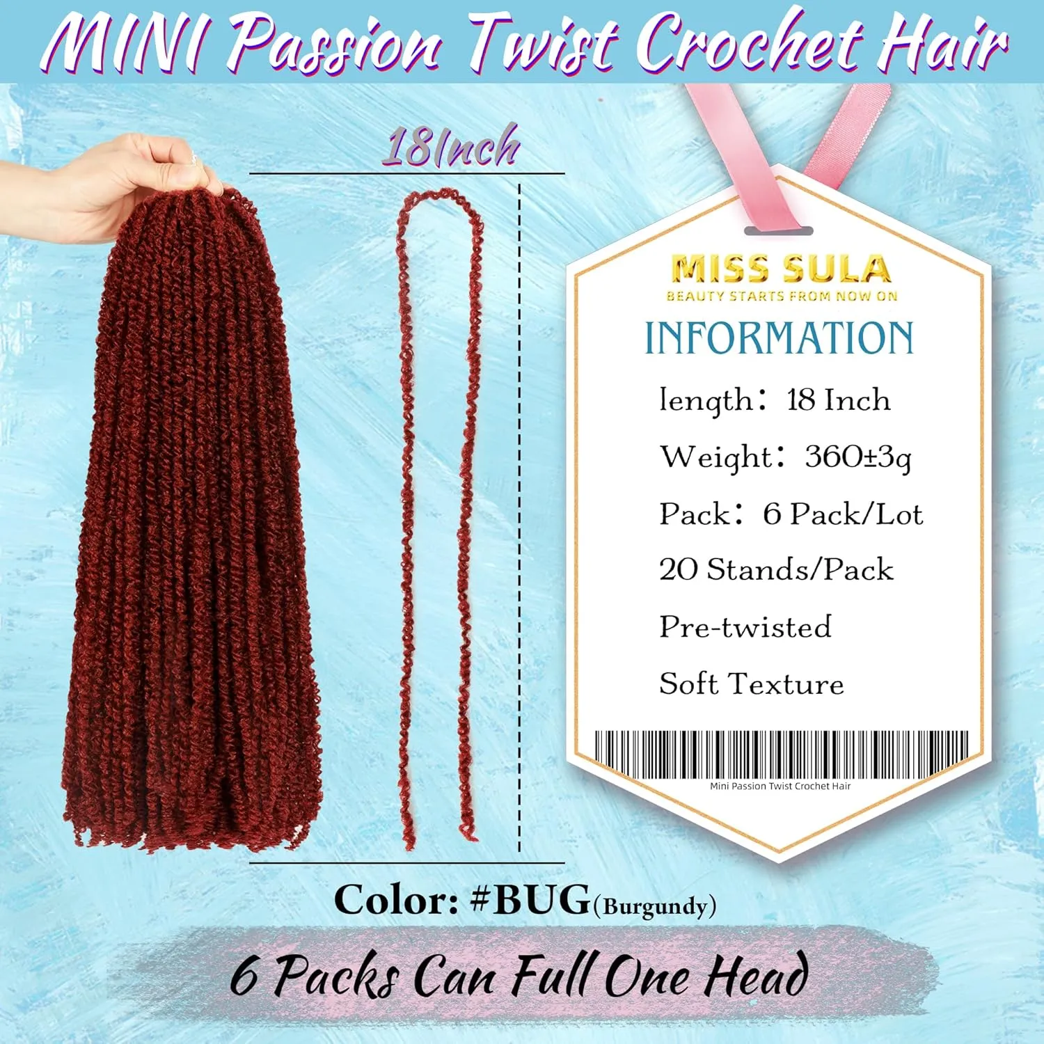 Mini Passion Twist Crochet Hair for Black Women-18 Inches 6 Packs Pure Burgundy Pre Twisted Elastic and Cuttable Hair Extensions,Braided by Soft Synthetic Twist Bohemian Curl(18"-6P,BUG#)