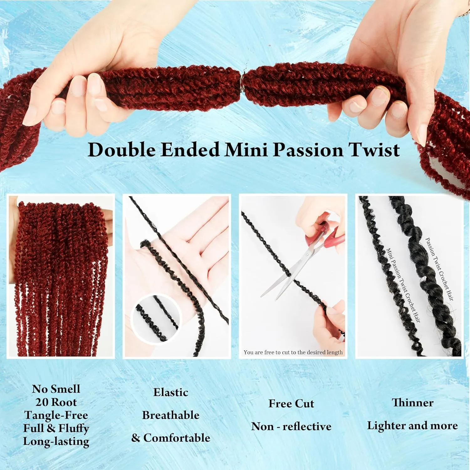 Mini Passion Twist Crochet Hair for Black Women-18 Inches 6 Packs Pure Burgundy Pre Twisted Elastic and Cuttable Hair Extensions,Braided by Soft Synthetic Twist Bohemian Curl(18"-6P,BUG#)