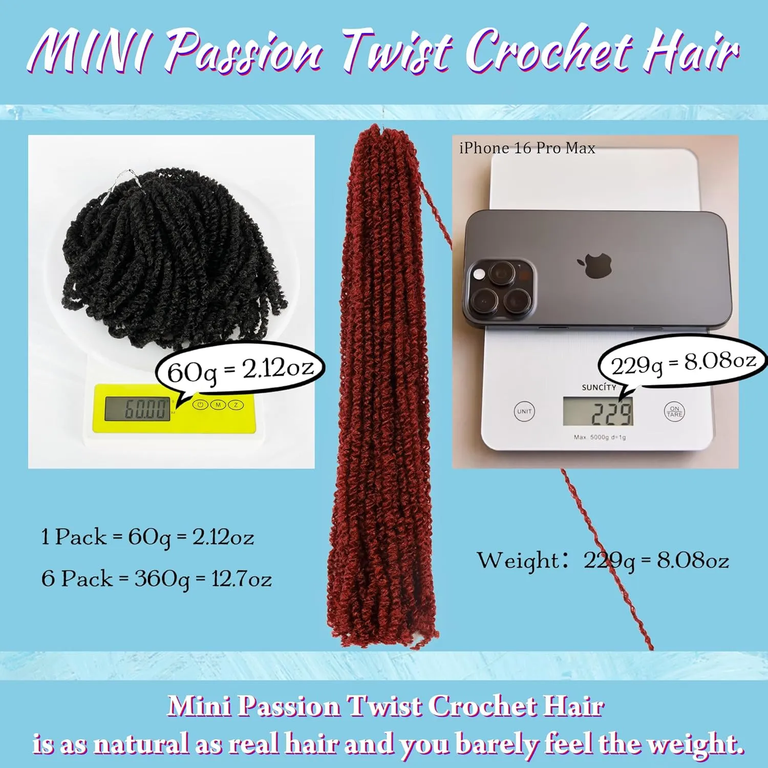 Mini Passion Twist Crochet Hair for Black Women-18 Inches 6 Packs Pure Burgundy Pre Twisted Elastic and Cuttable Hair Extensions,Braided by Soft Synthetic Twist Bohemian Curl(18"-6P,BUG#)