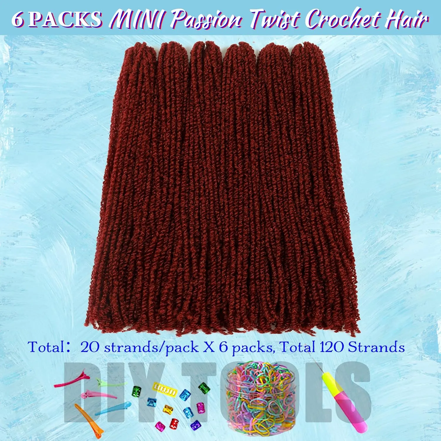 Mini Passion Twist Crochet Hair for Black Women-18 Inches 6 Packs Pure Burgundy Pre Twisted Elastic and Cuttable Hair Extensions,Braided by Soft Synthetic Twist Bohemian Curl(18"-6P,BUG#)