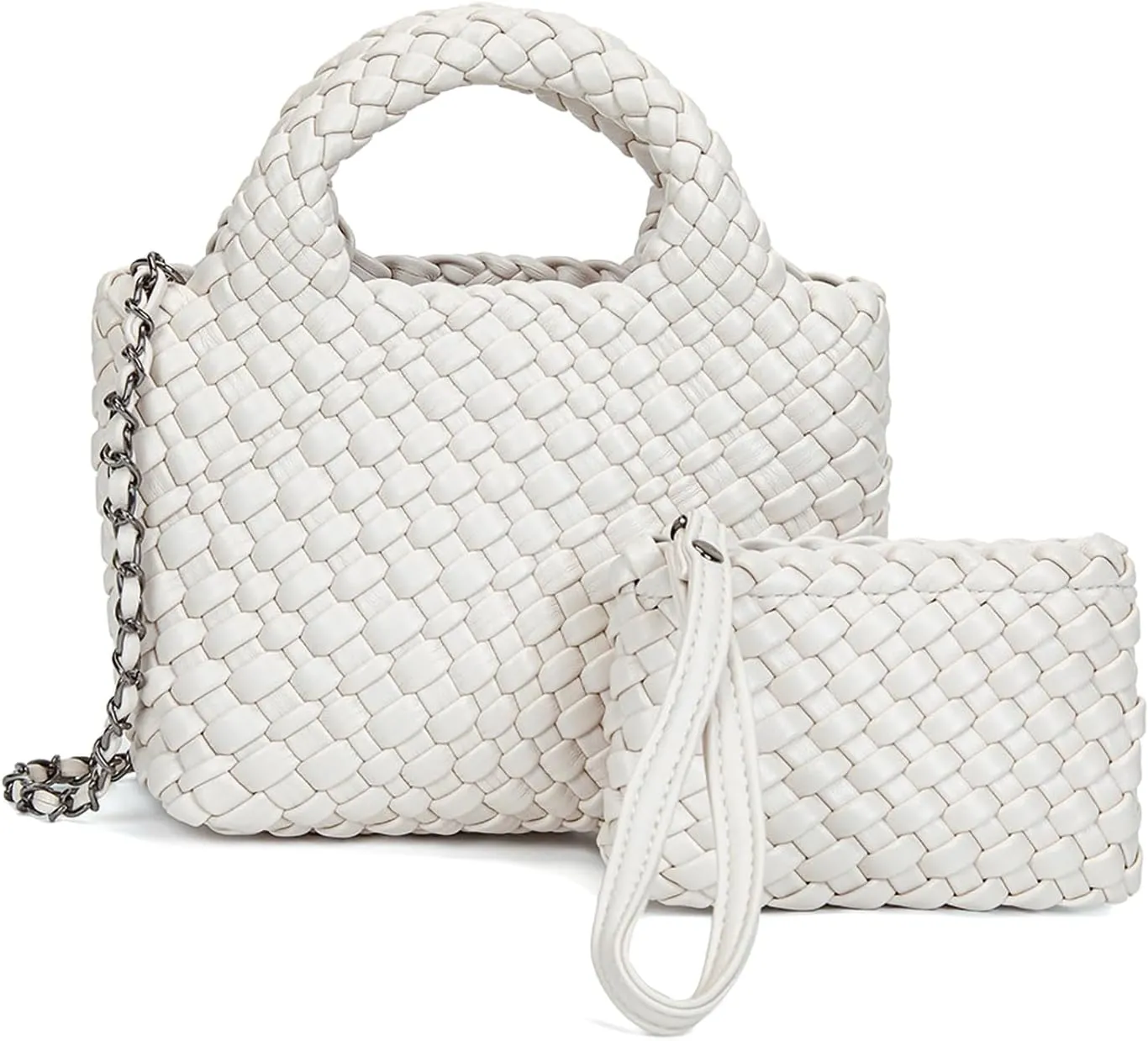 Mini Women's Handmade Woven Tote with Small Wallet Small Size Fashion Bright Color Vegan Leather Casual Tramp Crossbody Bag