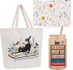 Miracu Cat Lovers, Book Lovers Gifts for Women, Canvas Tote Bag & 16oz Glass Cup Set - Mothers Day, Birthday Bookish Gifts for Book Loving Mom Friend - Presents for Reader, Bookworm, Lady, Cat Owner