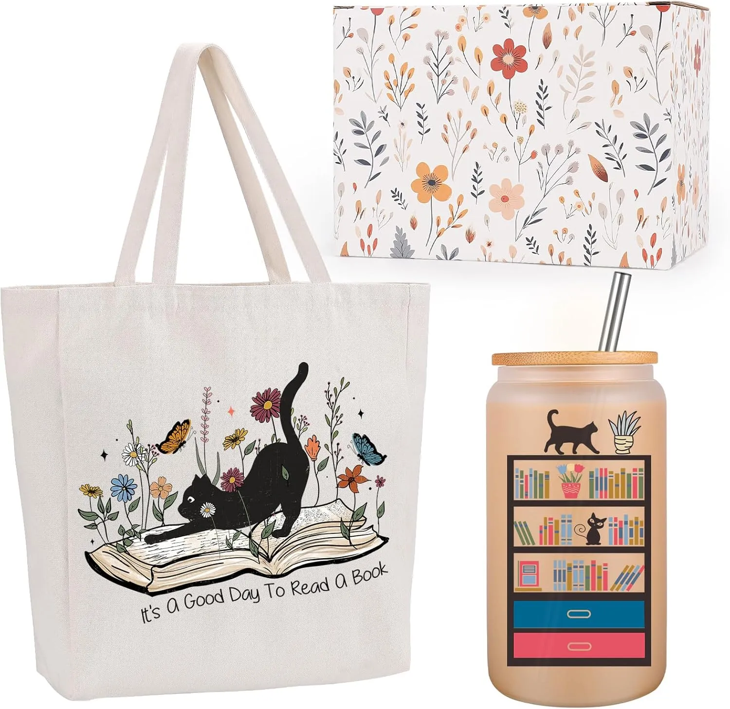 Miracu Cat Lovers, Book Lovers Gifts for Women, Canvas Tote Bag & 16oz Glass Cup Set - Mothers Day, Birthday Bookish Gifts for Book Loving Mom Friend - Presents for Reader, Bookworm, Lady, Cat Owner