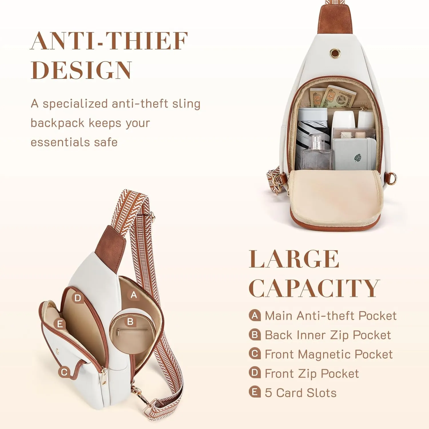 Missnine PU Leather Sling Bag for Women Anti-theft Crossbody Large Sling Backpack Travel Bag Purse