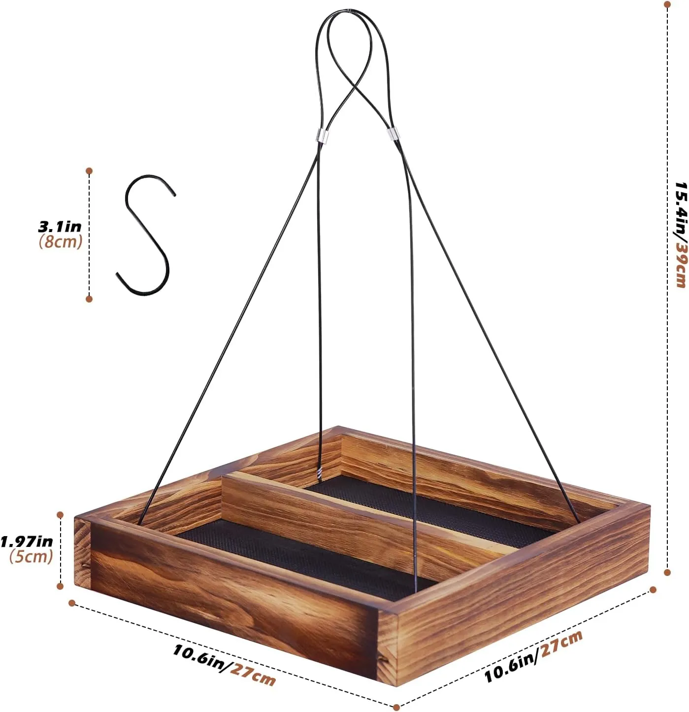 MIXXIDEA Bird Feeder Hanging Tray, Wooden Platform Hummingbird Feeder Mesh Seed Platform for Garden Yard Outside Decoration Attracting Wild Birds (Brown)