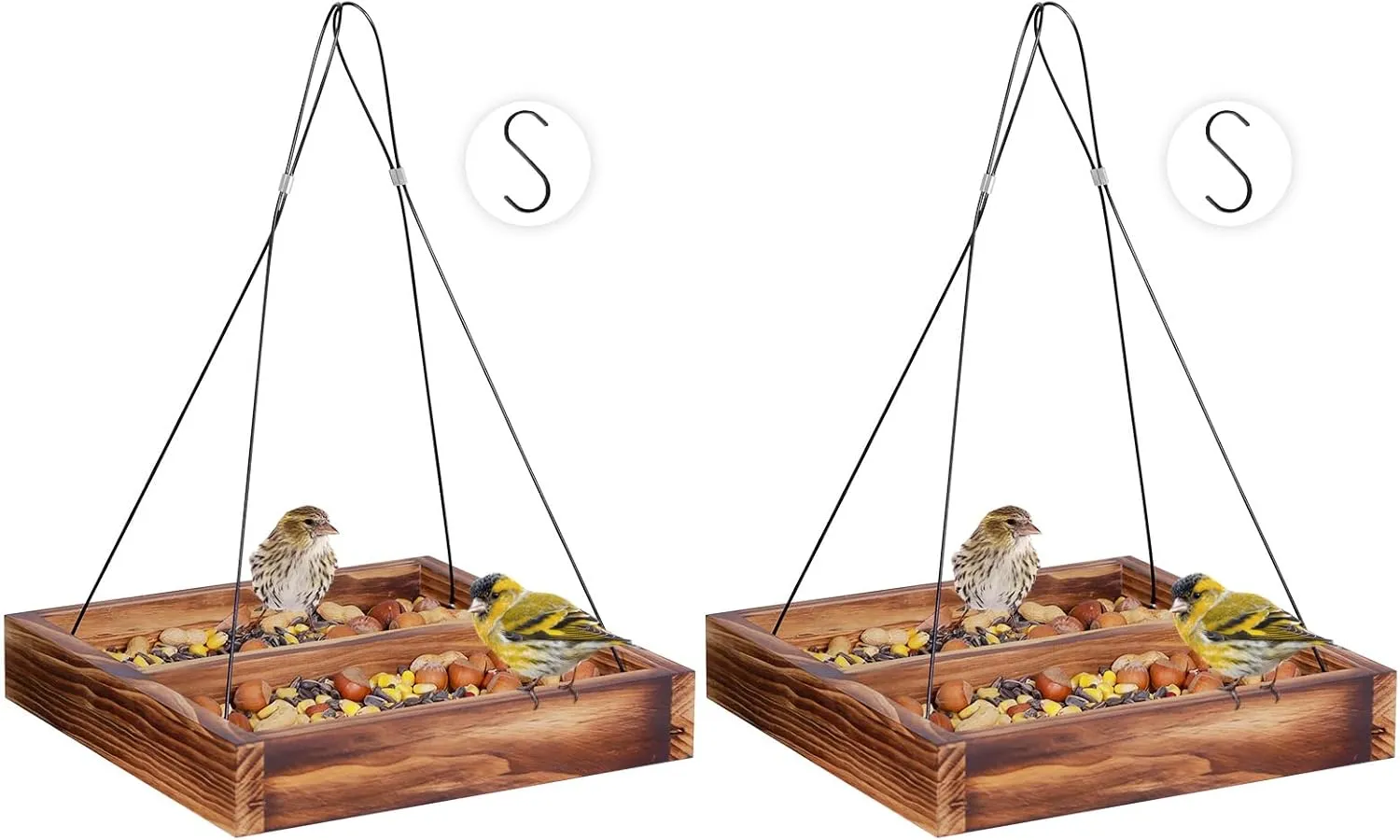 MIXXIDEA Bird Feeder Hanging Tray, Wooden Platform Hummingbird Feeder Mesh Seed Platform for Garden Yard Outside Decoration Attracting Wild Birds (Brown)