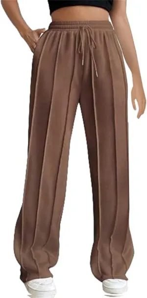 Miyaomn Casual Wide Leg Sweatpants for Women Pleated High Waisted Drawstring Sweat Joggers Pants Sports Trousers with Pockets