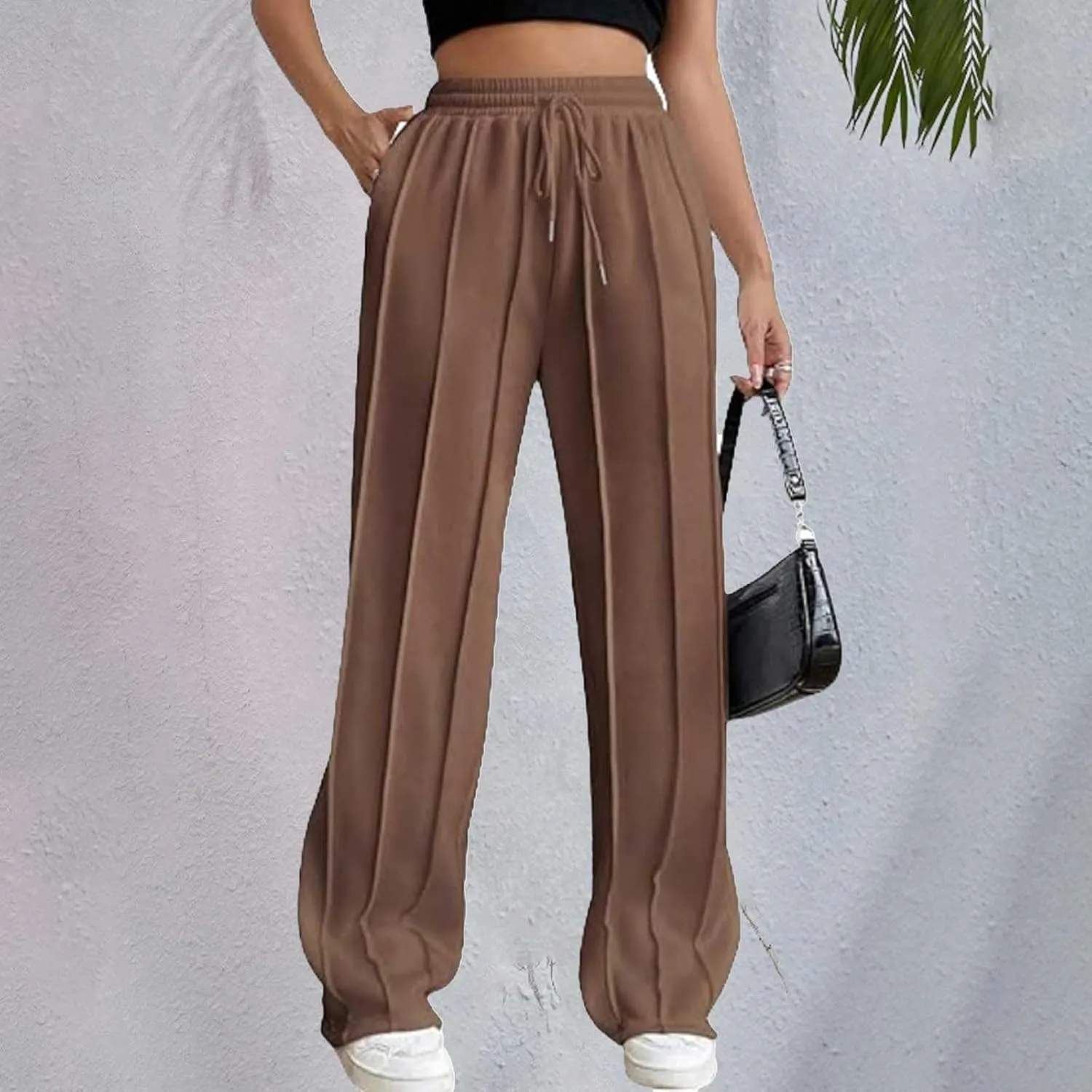 Miyaomn Casual Wide Leg Sweatpants for Women Pleated High Waisted Drawstring Sweat Joggers Pants Sports Trousers with Pockets