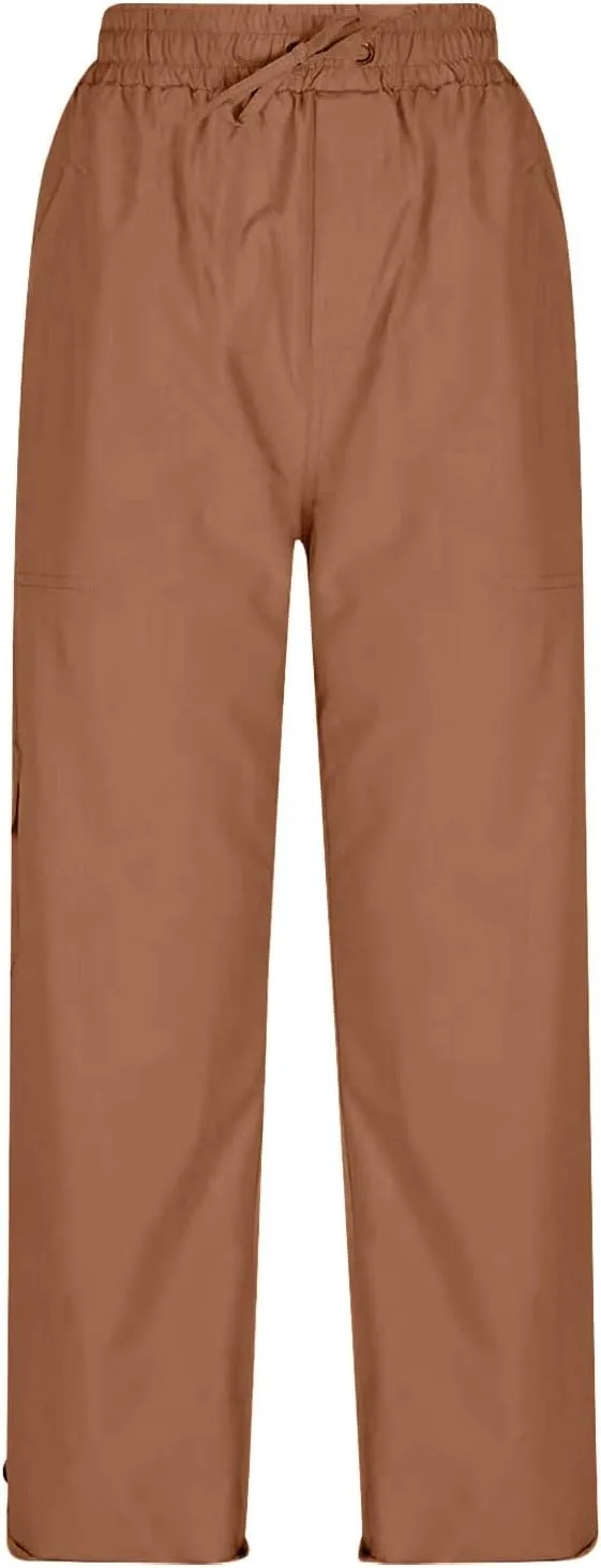 Miyaomn Women's Casual Solid Loose Cargo Pants Lightweight Drawstring Waisted Roll-Up Joggers Slacks Pockets Lounge Trousers