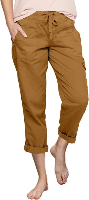 Miyaomn Women's Casual Solid Loose Cargo Pants Lightweight Drawstring Waisted Roll-Up Joggers Slacks Pockets Lounge Trousers