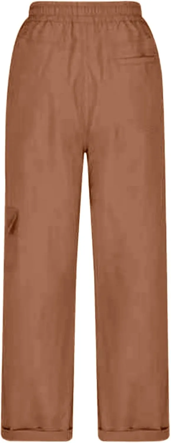 Miyaomn Women's Casual Solid Loose Cargo Pants Lightweight Drawstring Waisted Roll-Up Joggers Slacks Pockets Lounge Trousers