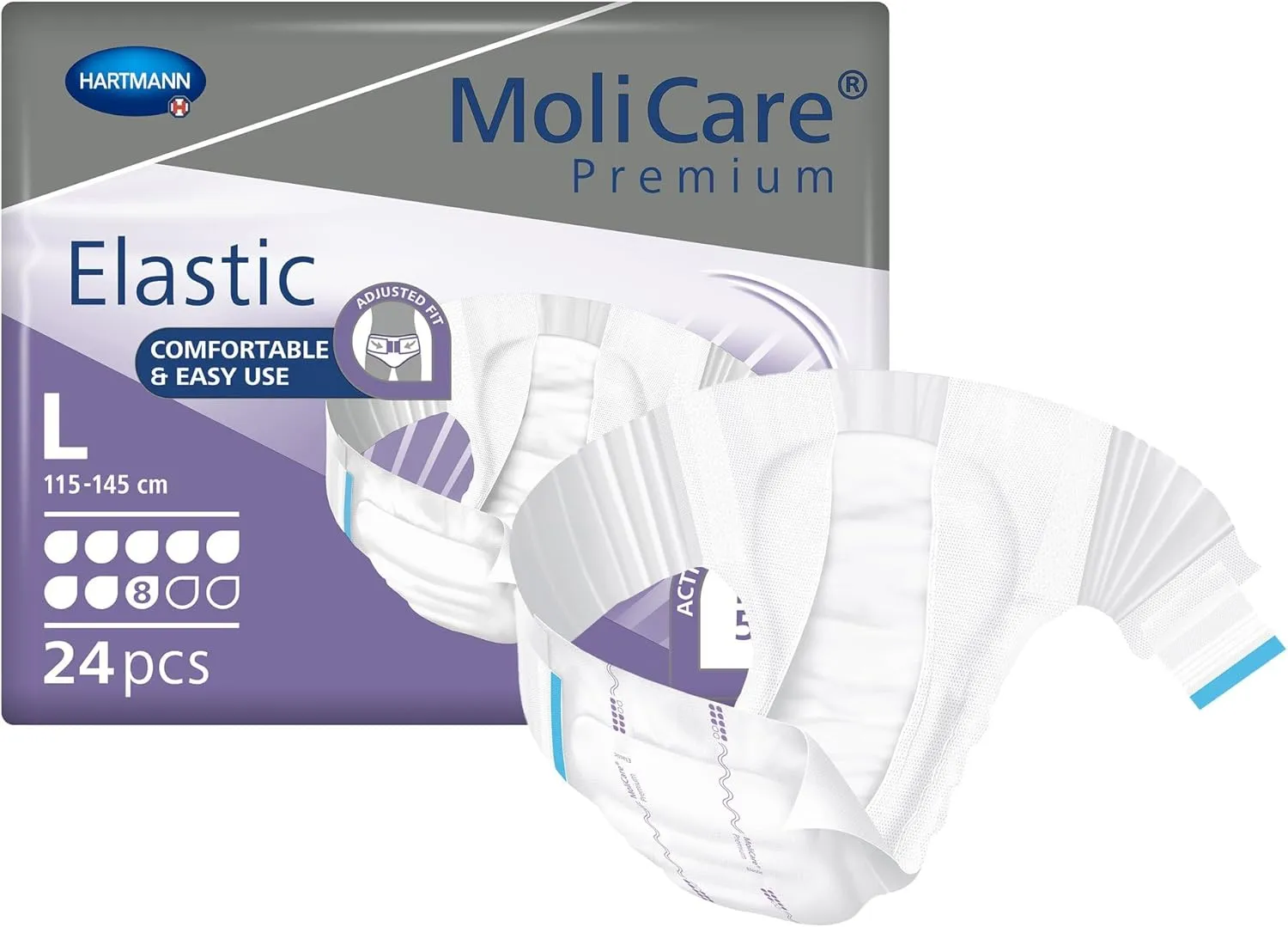MoliCare Premium Incontinence Brief, 8D - Heavy Absorbency Adult Diaper with Refastenable Tabs - Unisex, Size Large, 24 Count, 3 Packs, 72 Total
