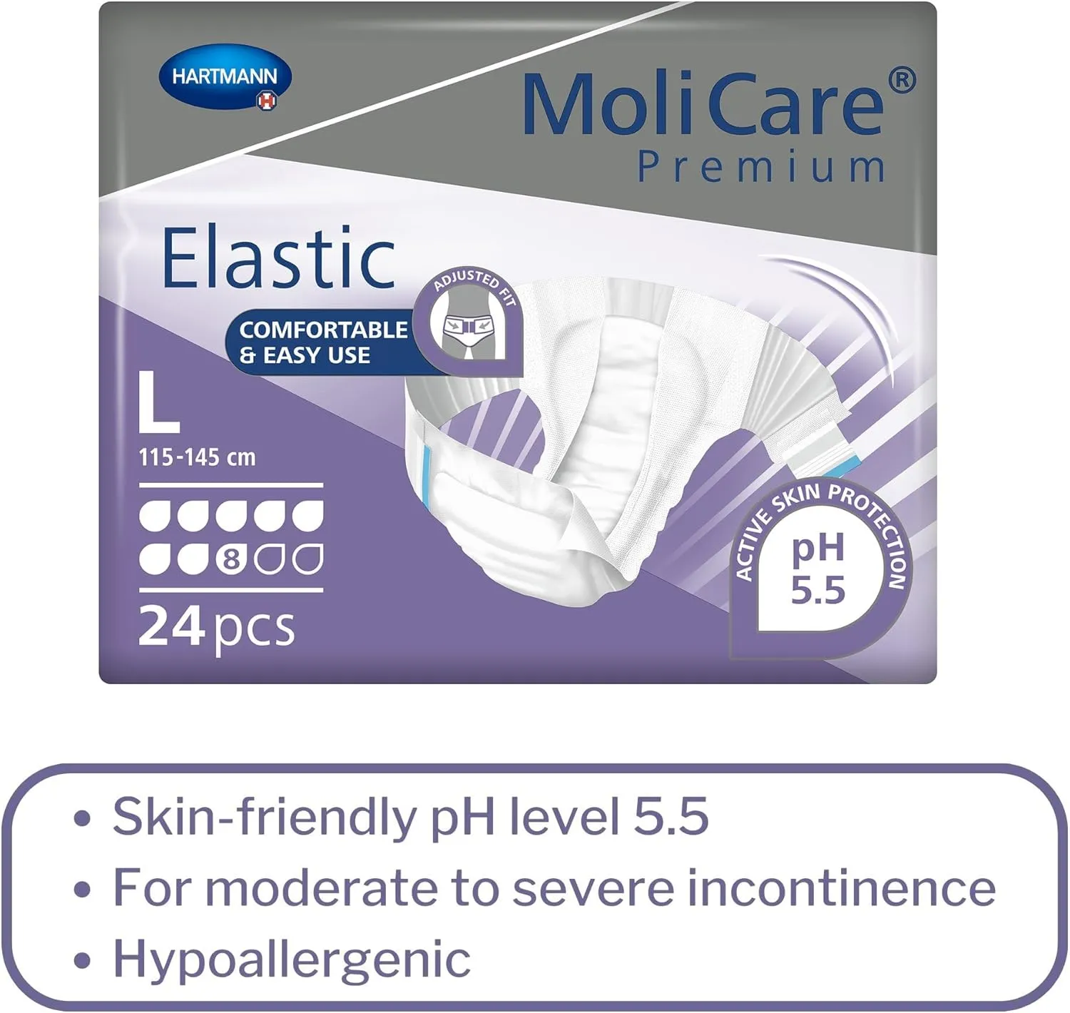 MoliCare Premium Incontinence Brief, 8D - Heavy Absorbency Adult Diaper with Refastenable Tabs - Unisex, Size Large, 24 Count, 3 Packs, 72 Total