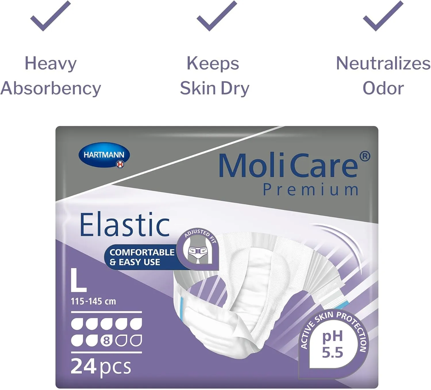 MoliCare Premium Incontinence Brief, 8D - Heavy Absorbency Adult Diaper with Refastenable Tabs - Unisex, Size Large, 24 Count, 3 Packs, 72 Total