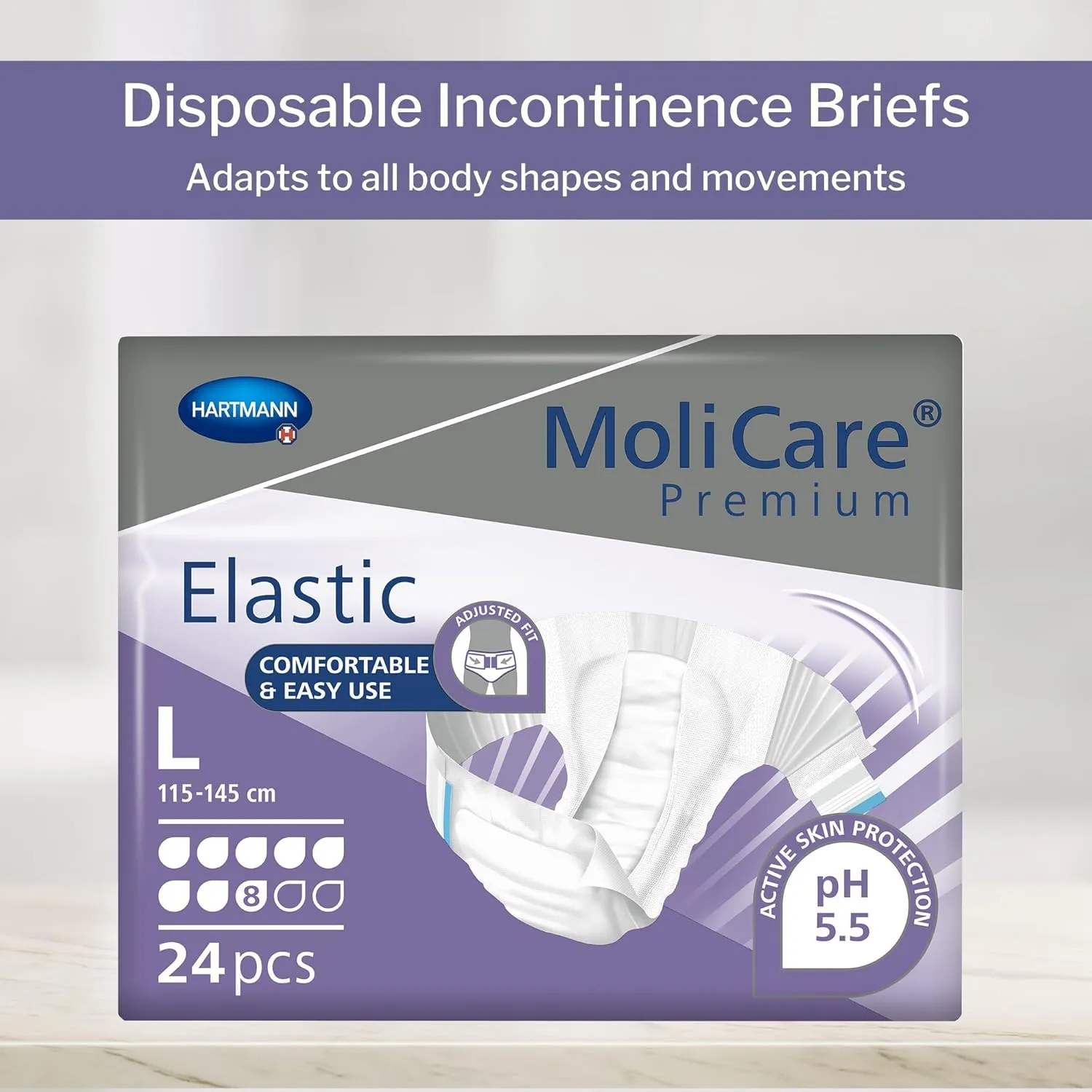 MoliCare Premium Incontinence Brief, 8D - Heavy Absorbency Adult Diaper with Refastenable Tabs - Unisex, Size Large, 24 Count, 3 Packs, 72 Total