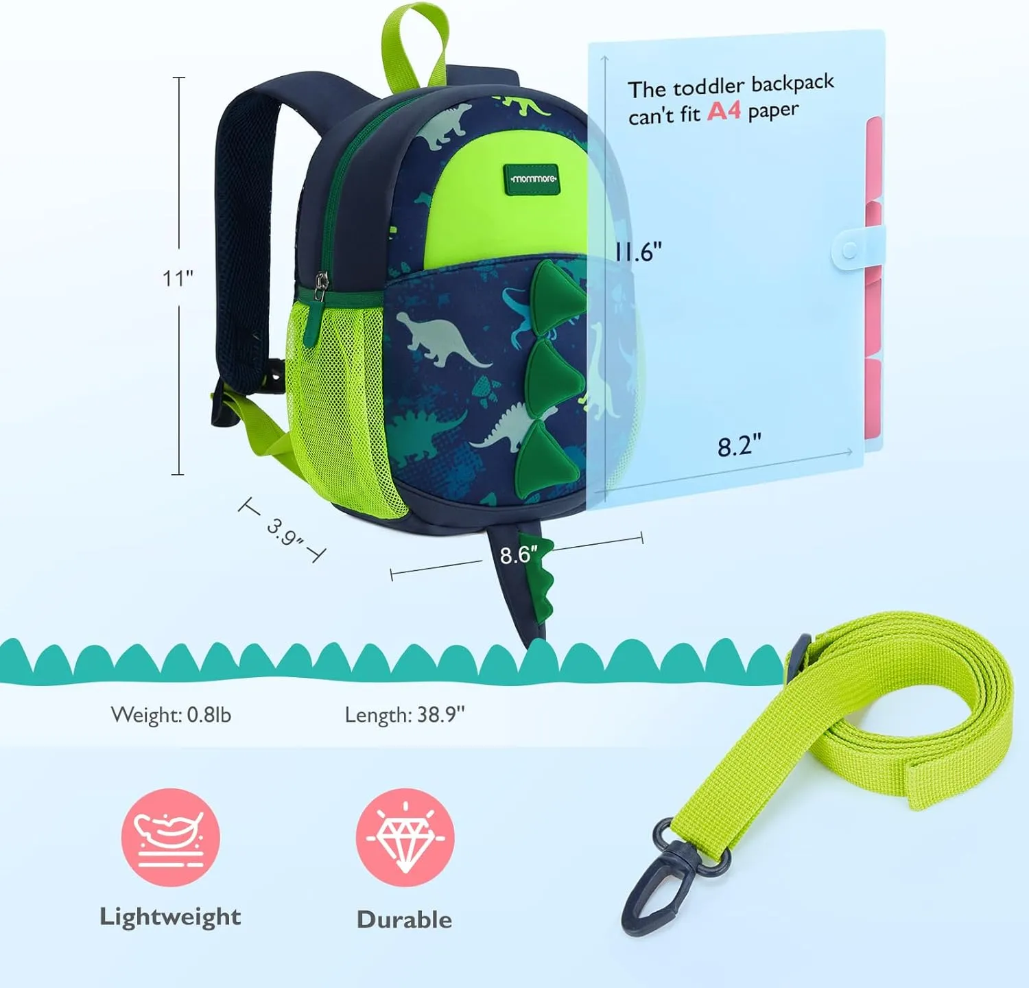 mommore Toddler Backpack for Boys 2-4 Cute Dinosaur Backpack with Kids Leash, 3D Cartoon Preschool Kindergarten Bookbag for Pre-k, Green