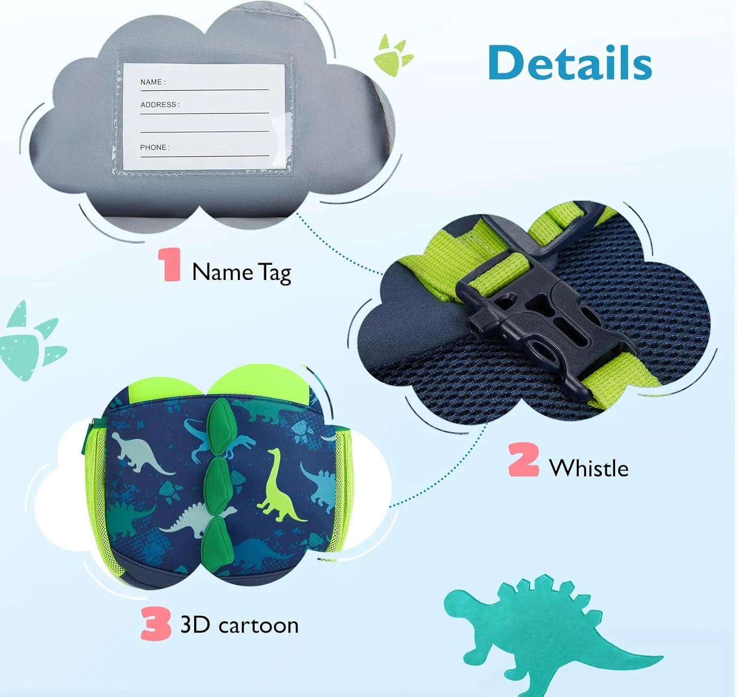 mommore Toddler Backpack for Boys 2-4 Cute Dinosaur Backpack with Kids Leash, 3D Cartoon Preschool Kindergarten Bookbag for Pre-k, Green