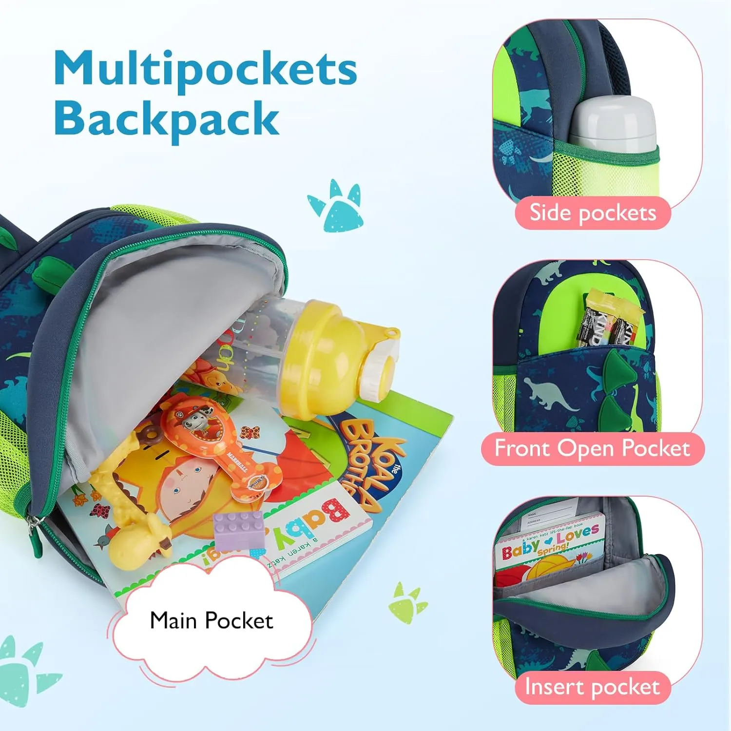 mommore Toddler Backpack for Boys 2-4 Cute Dinosaur Backpack with Kids Leash, 3D Cartoon Preschool Kindergarten Bookbag for Pre-k, Green